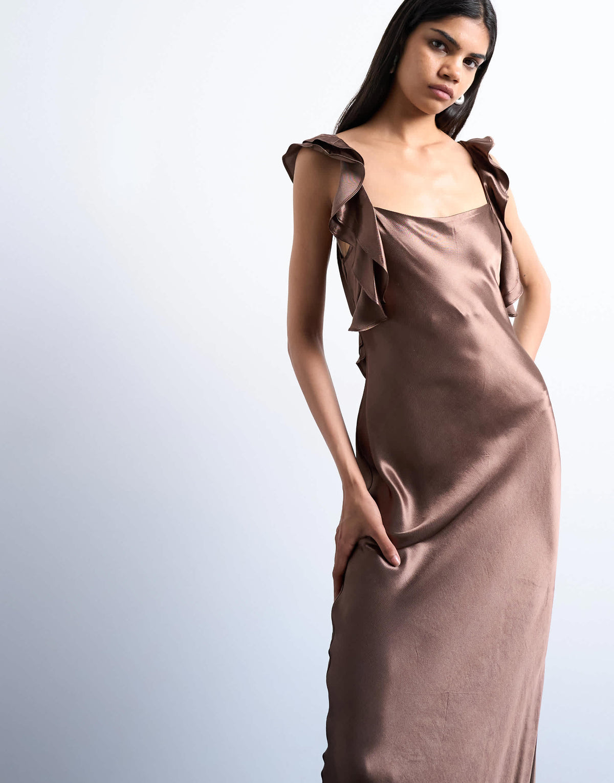Topshop ruffle shoulder satin slip dress in chocolate