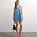 Topshop denim v-neck mini shift dress in bleach