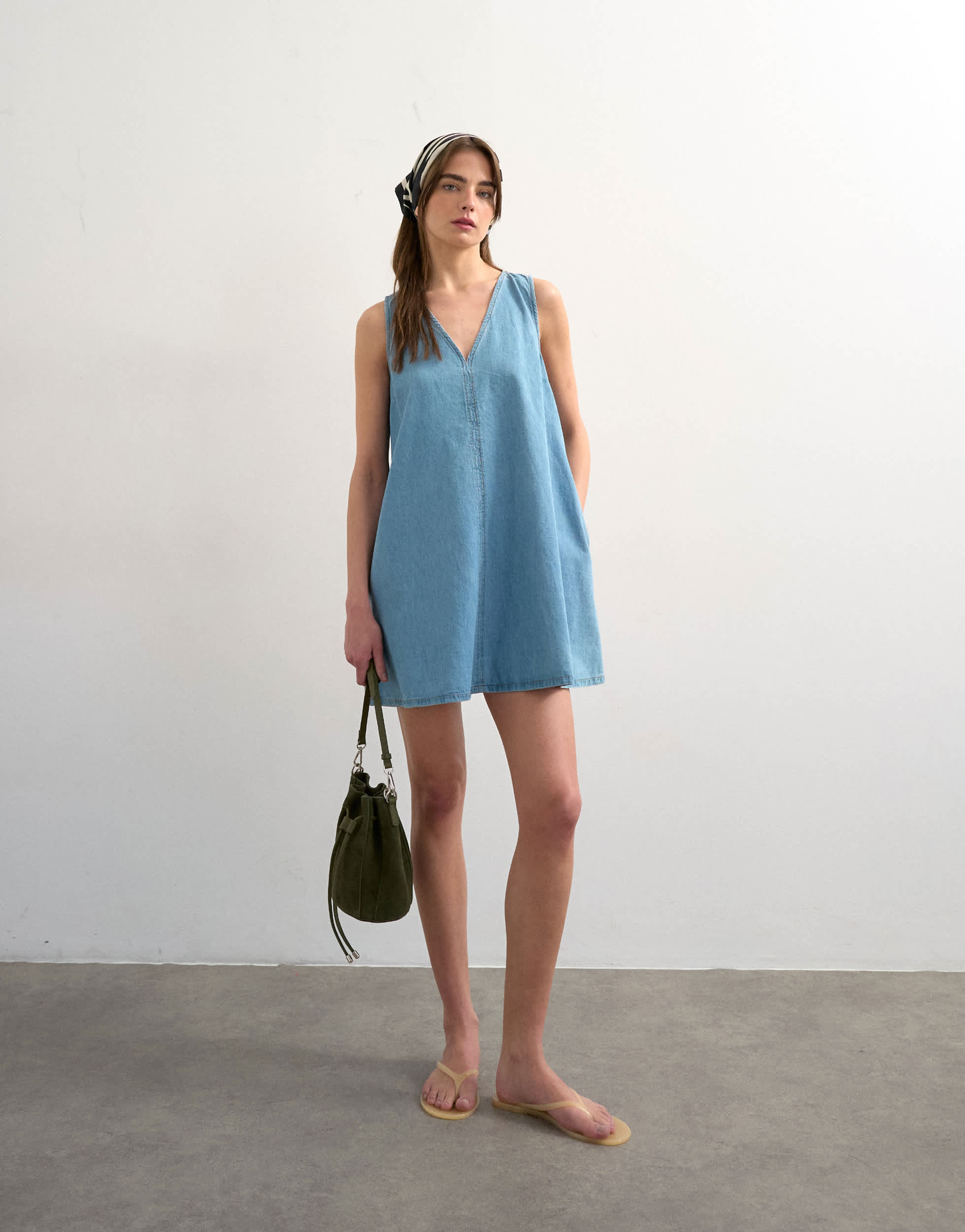 Topshop denim v-neck mini shift dress in bleach