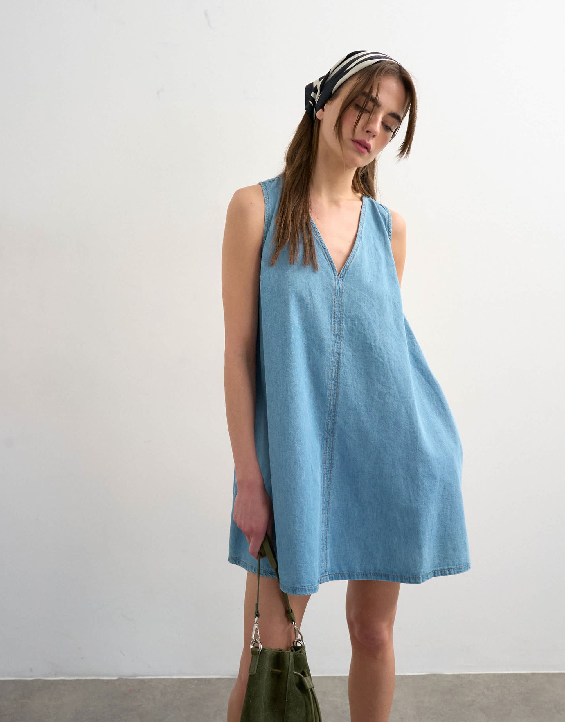 Topshop denim v-neck mini shift dress in bleach