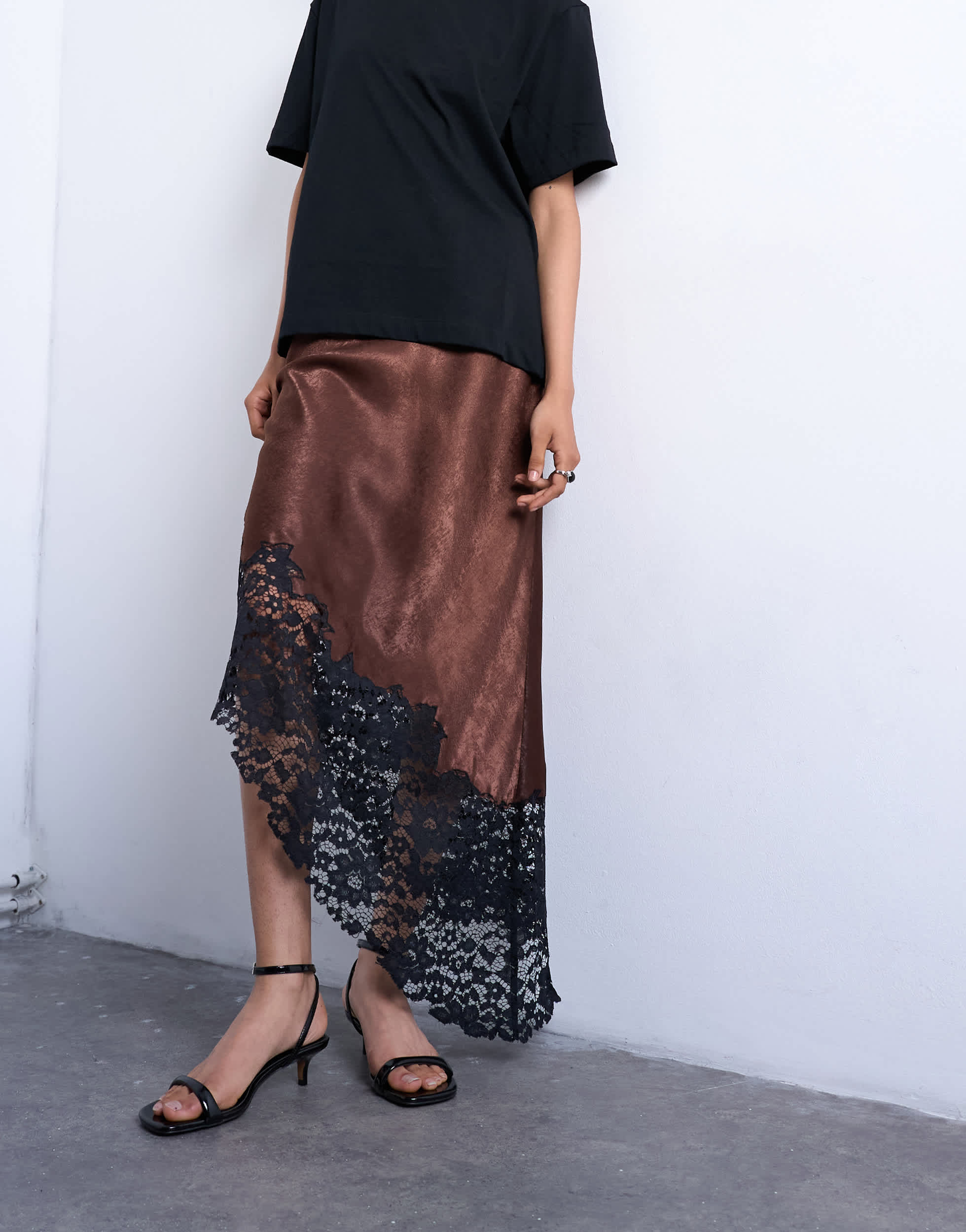 Topshop satin asymmetric lace hem maxi skirt in chocolate