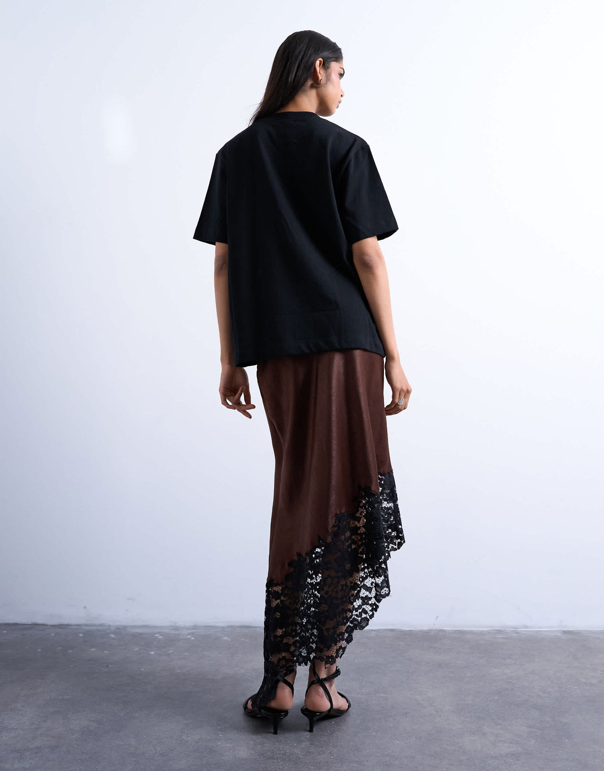 Topshop satin asymmetric lace hem maxi skirt in chocolate