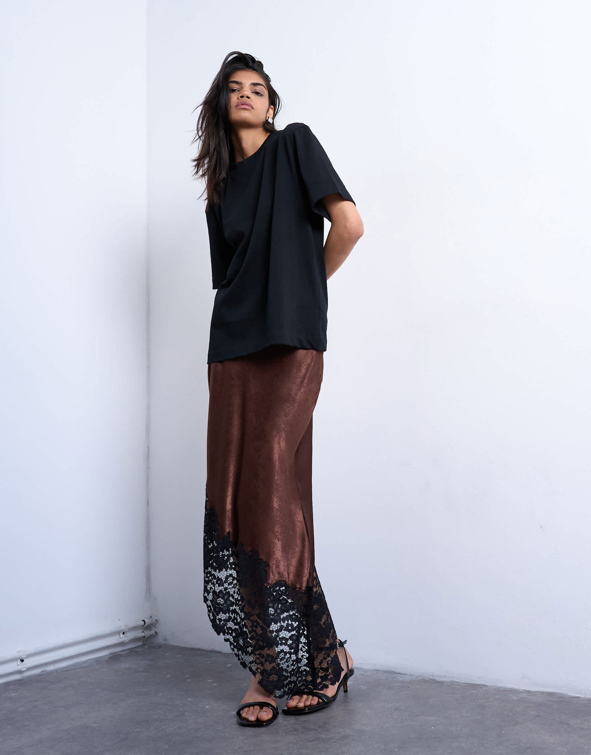 Topshop satin asymmetric lace hem maxi skirt in chocolate