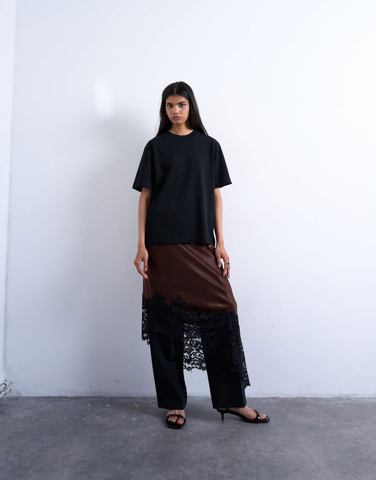 Topshop satin asymmetric lace hem maxi skirt in chocolate
