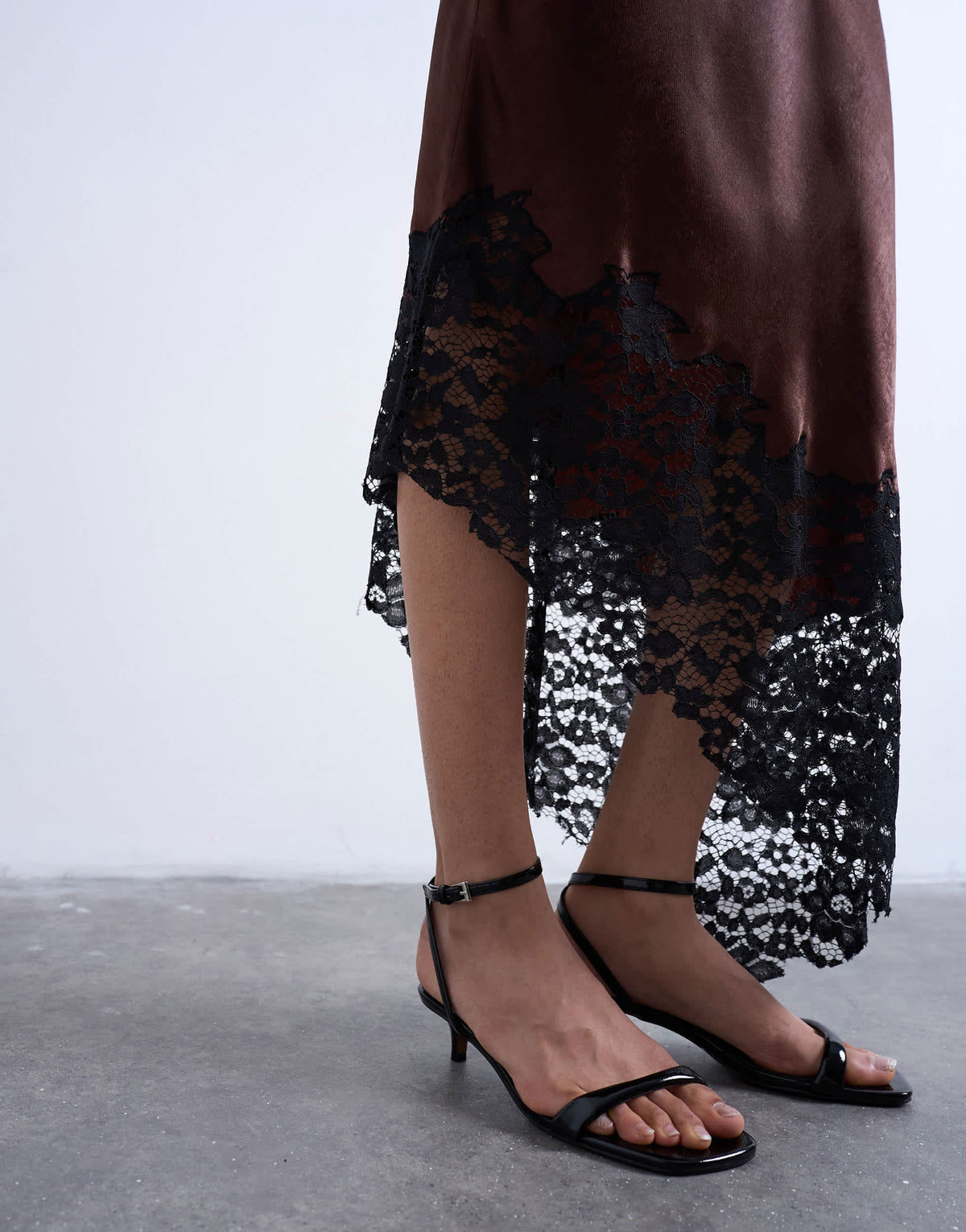Topshop satin asymmetric lace hem maxi skirt in chocolate