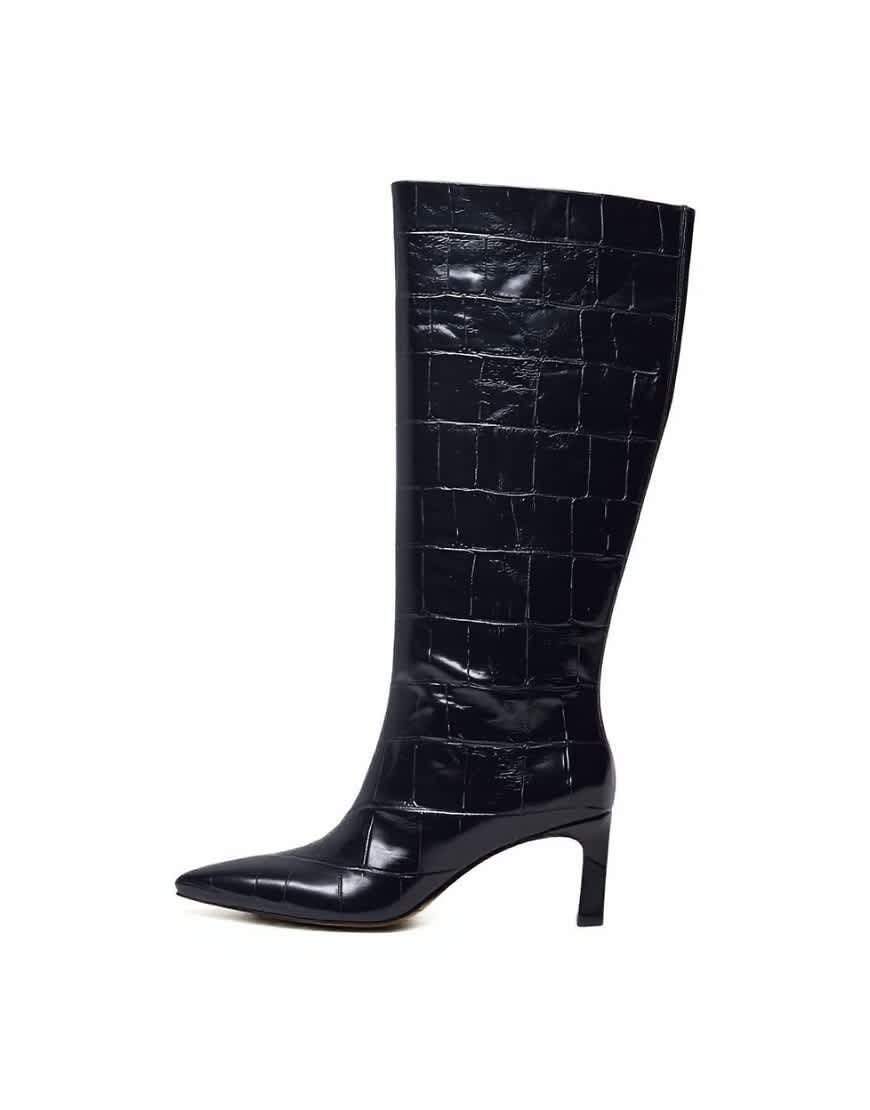 Topshop Tanya point toe knee high boot in black croc