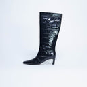 Topshop Tanya point toe knee high boot in black croc