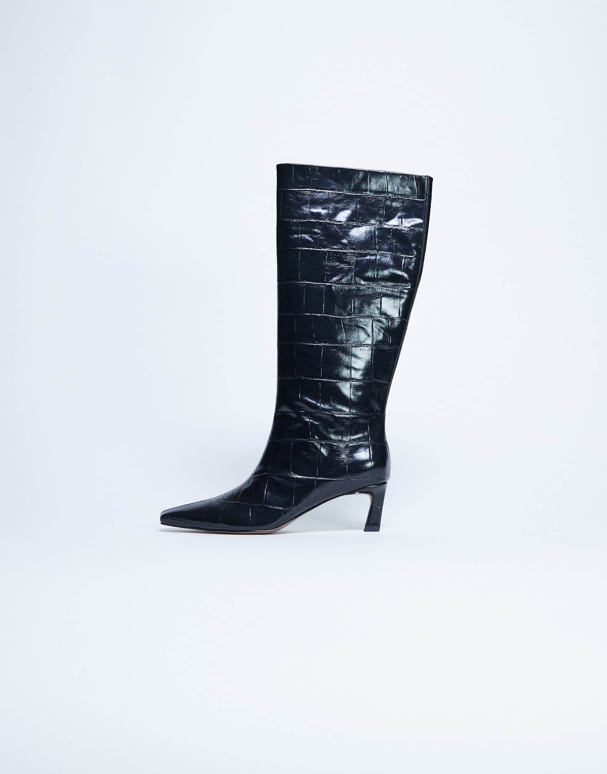 Topshop Tanya point toe knee high boot in black croc