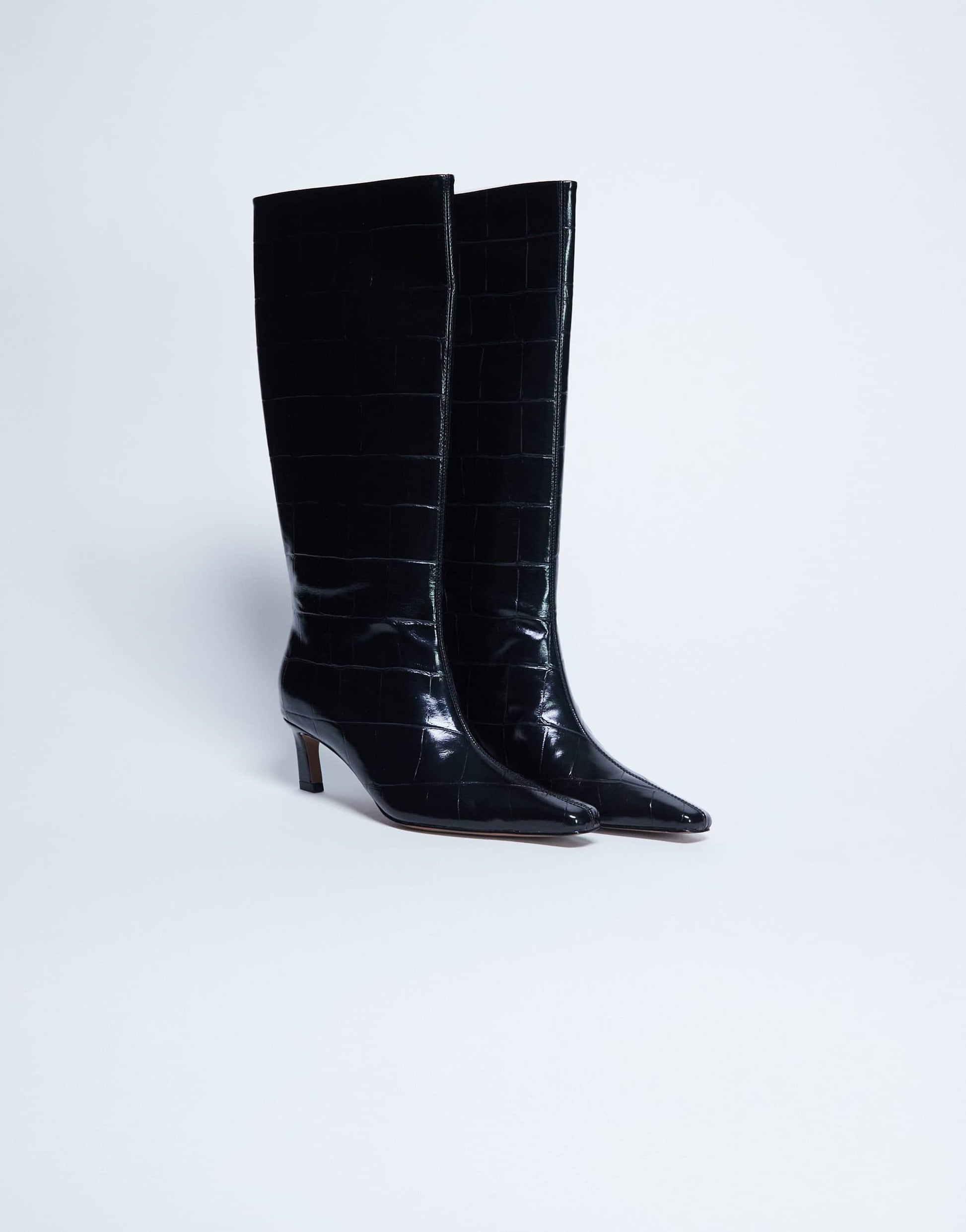 Topshop Tanya point toe knee high boot in black croc