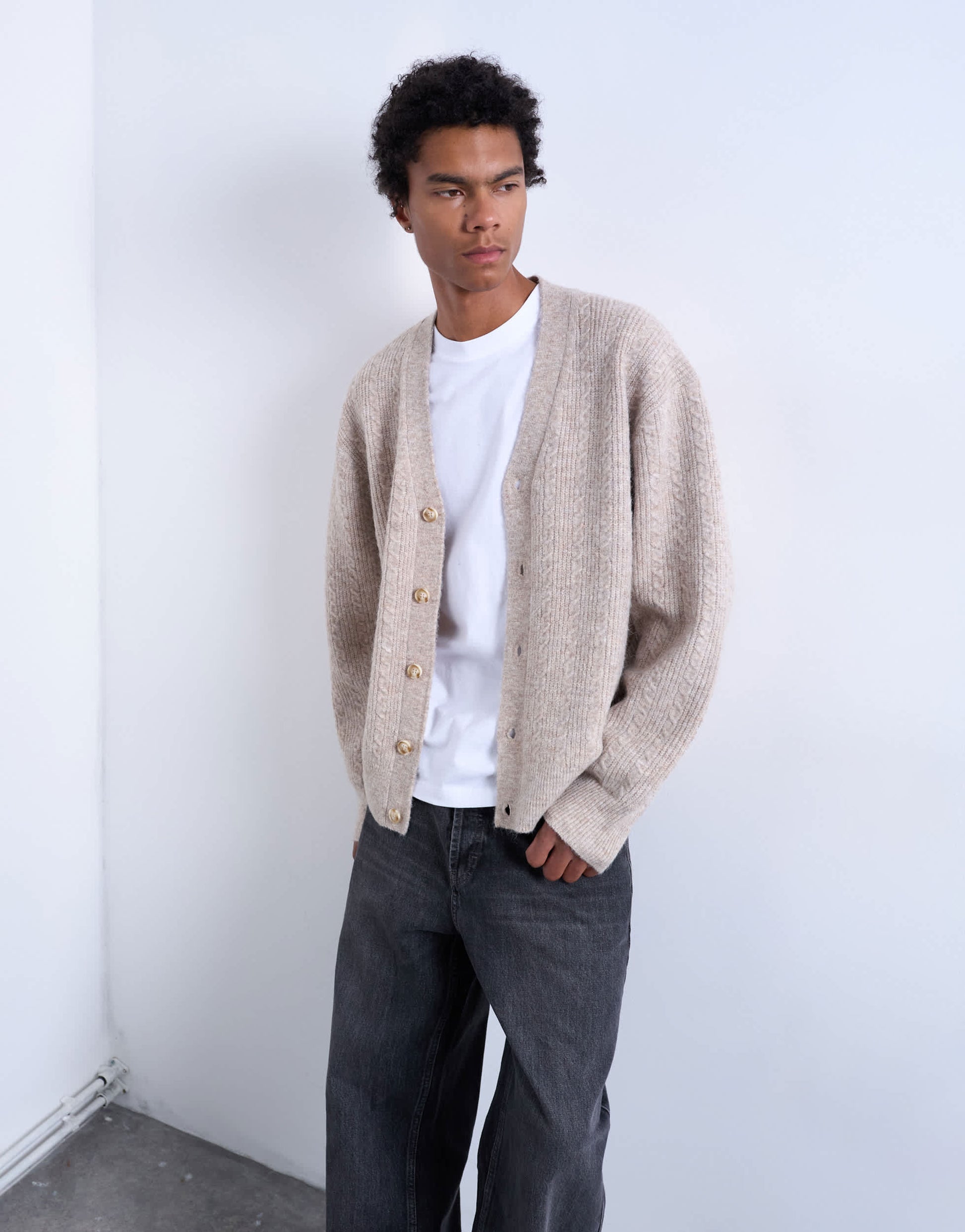 Topman relaxed fit cable knitted cardigan in stone
