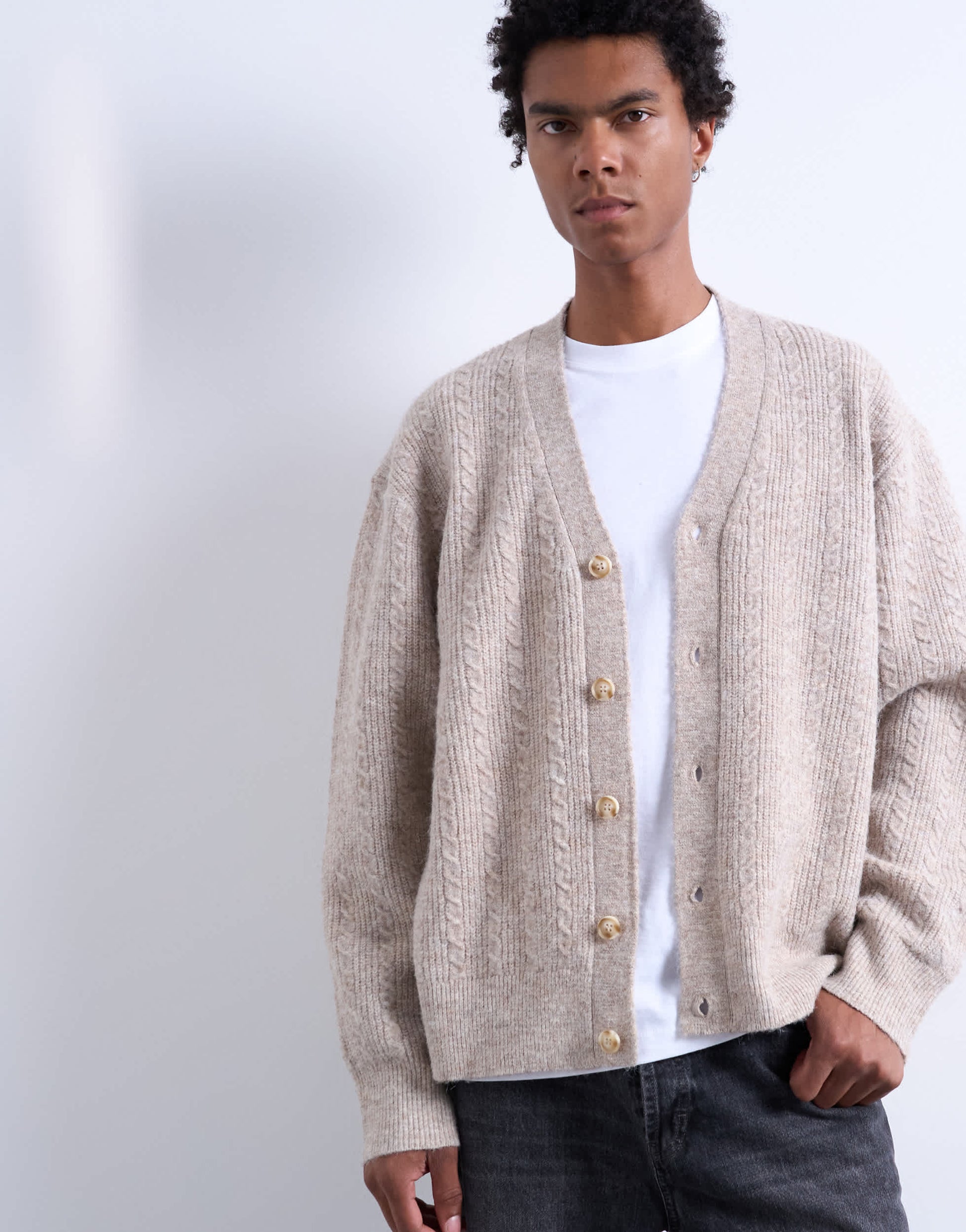 Topman relaxed fit cable knitted cardigan in stone