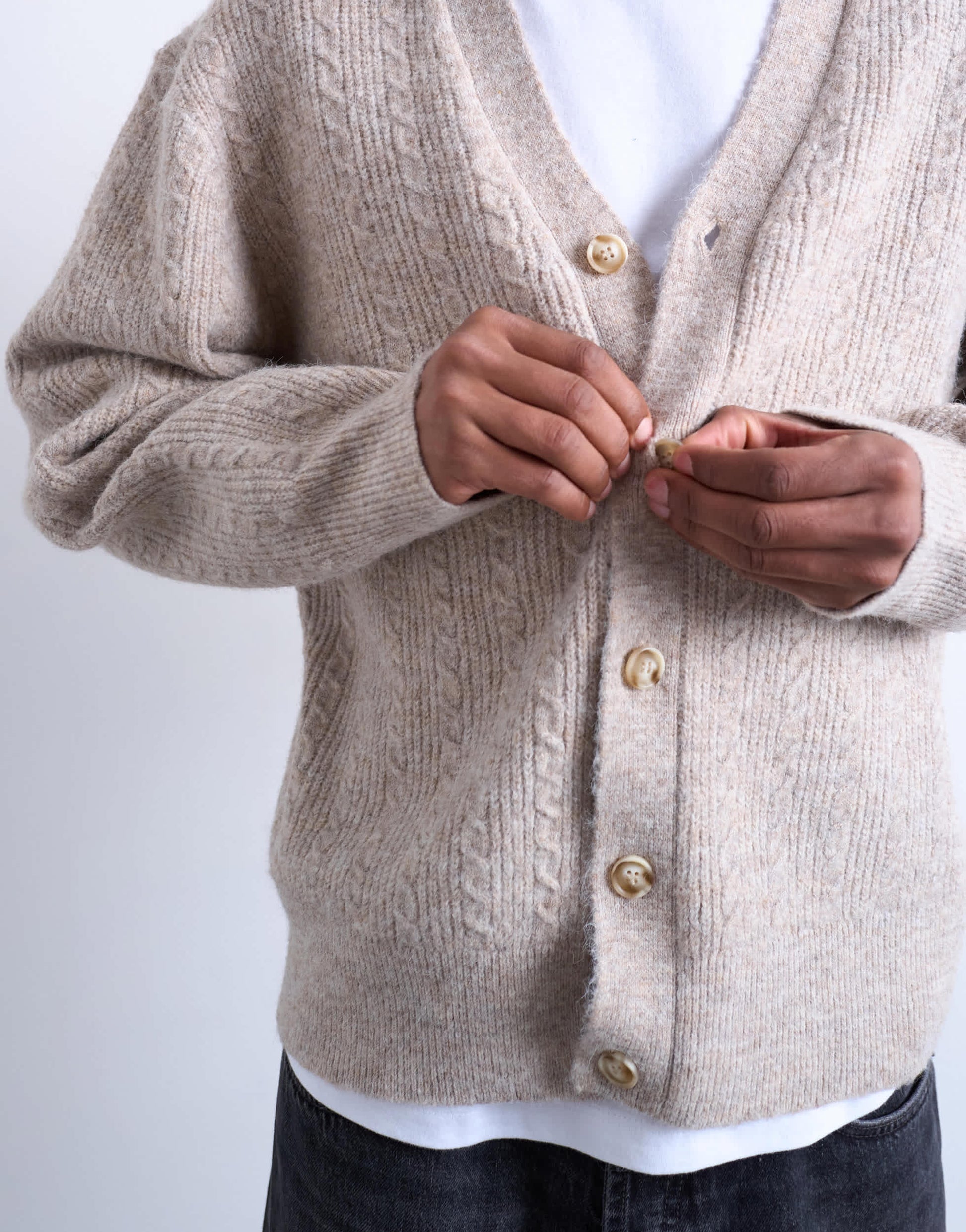 Topman relaxed fit cable knitted cardigan in stone