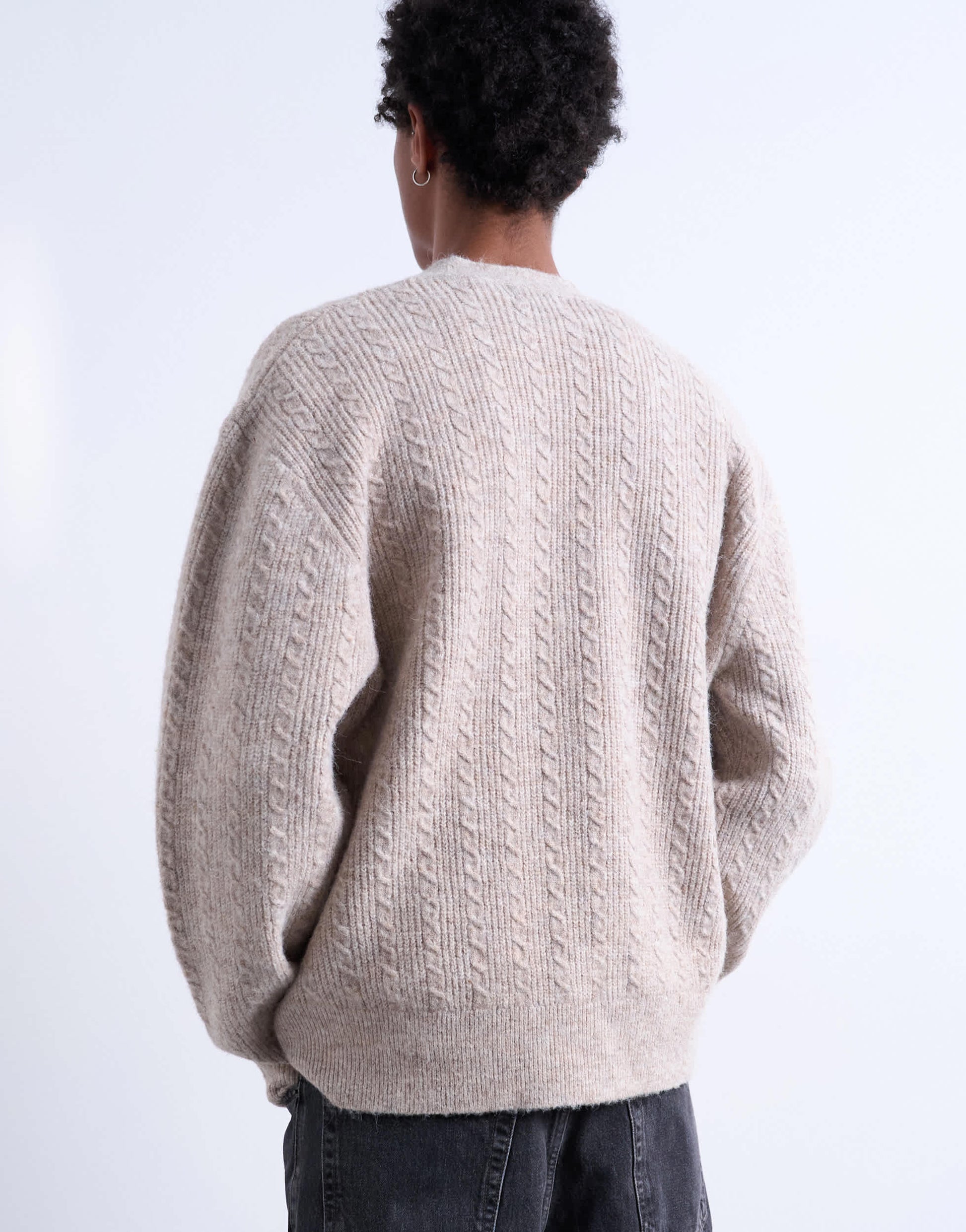 Topman relaxed fit cable knitted cardigan in stone