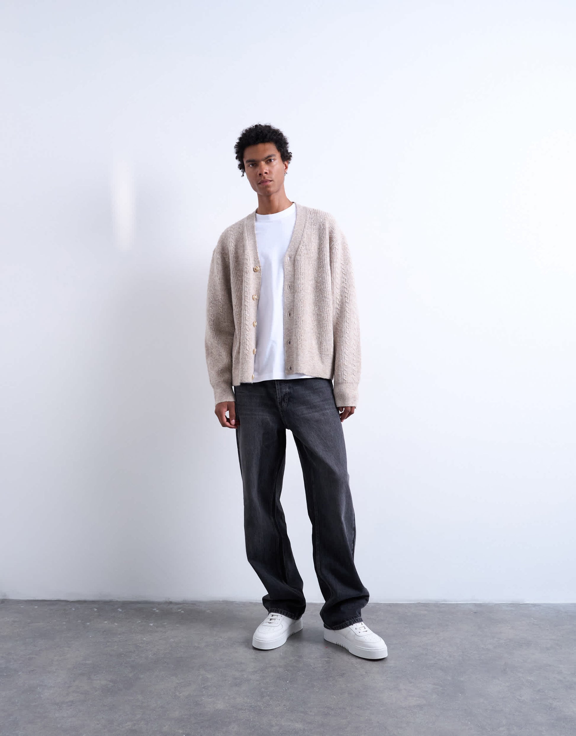 Topman relaxed fit cable knitted cardigan in stone