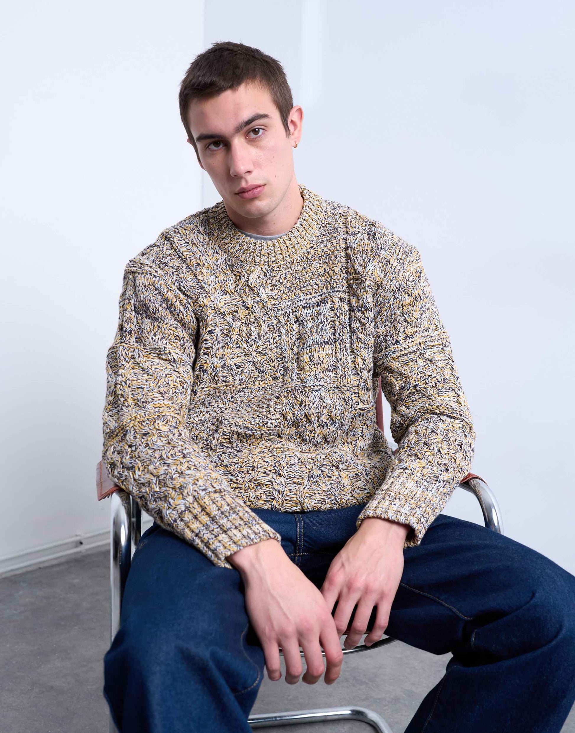 Topman regular fit cable knitted jumper in yellow twist
