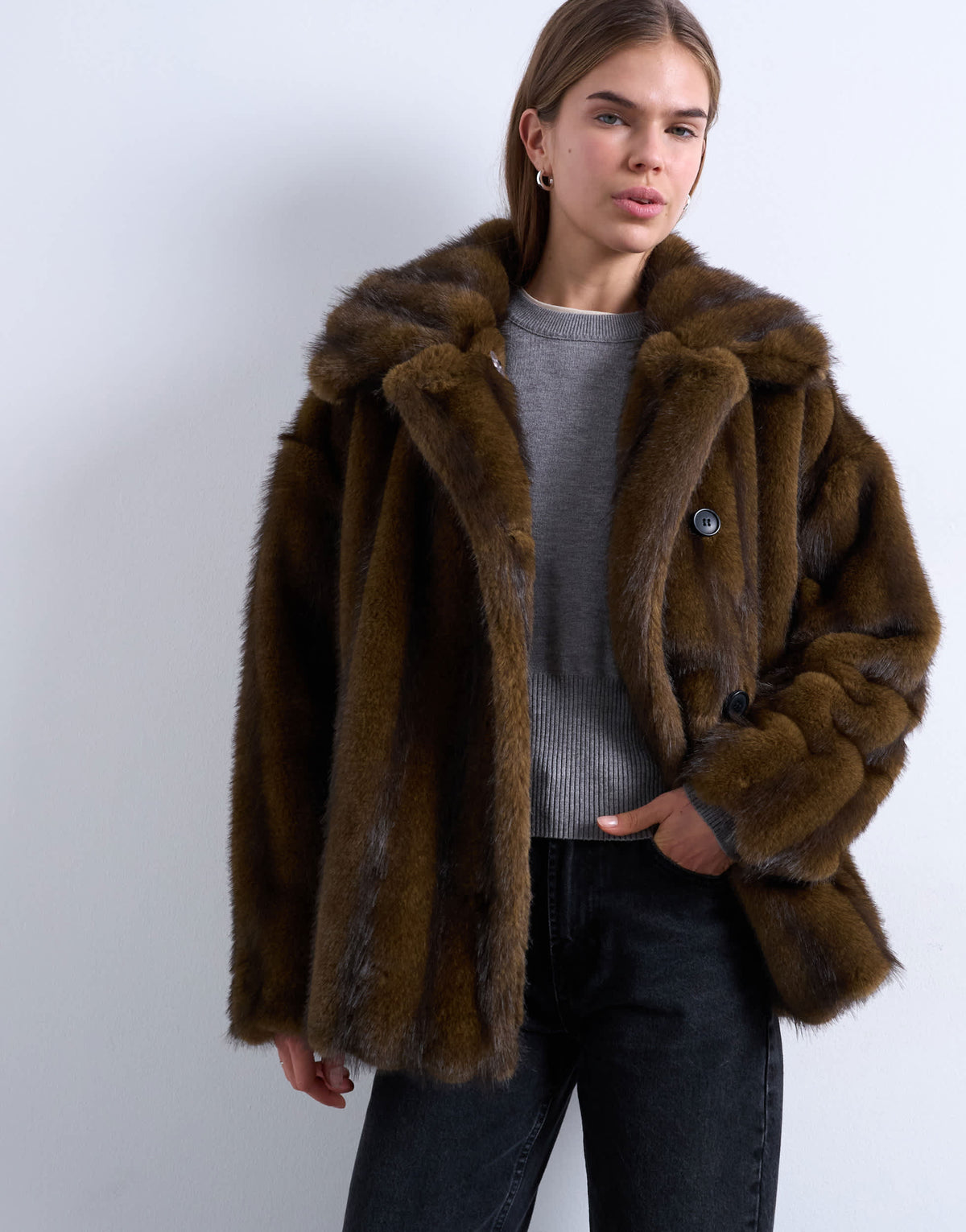 Topshop faux fur short car coat in natural stripe
