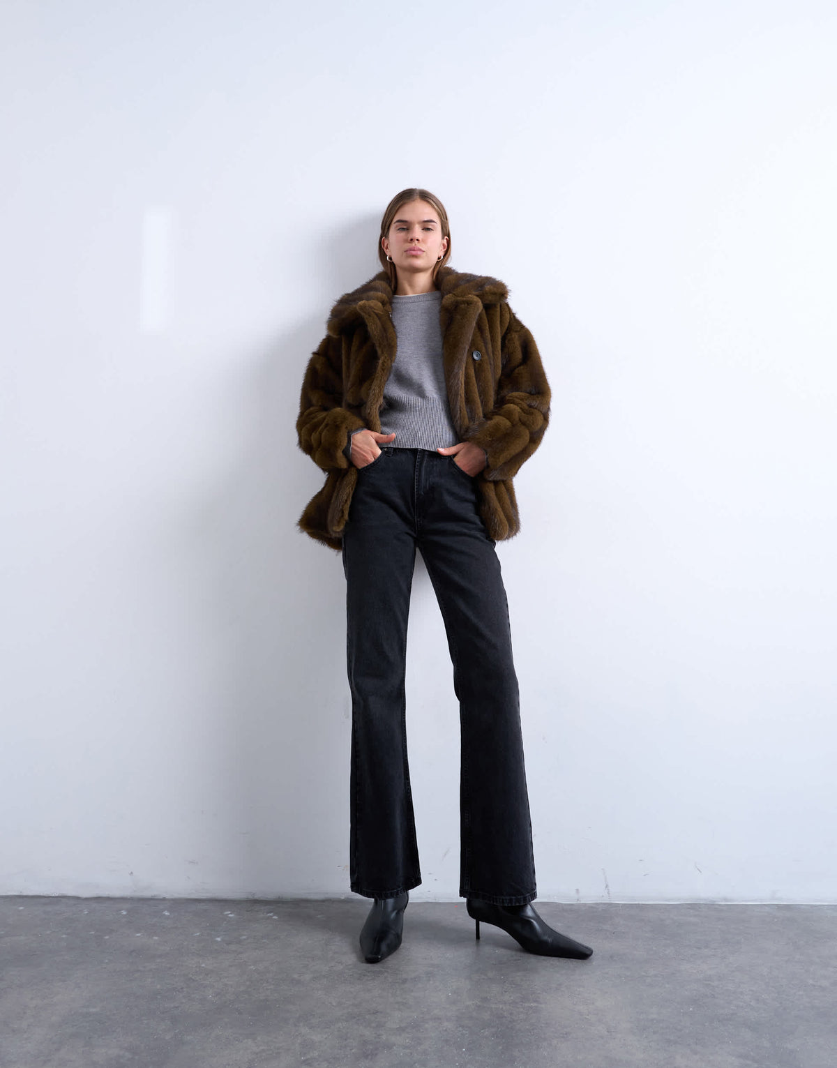 Topshop faux fur short car coat in natural stripe