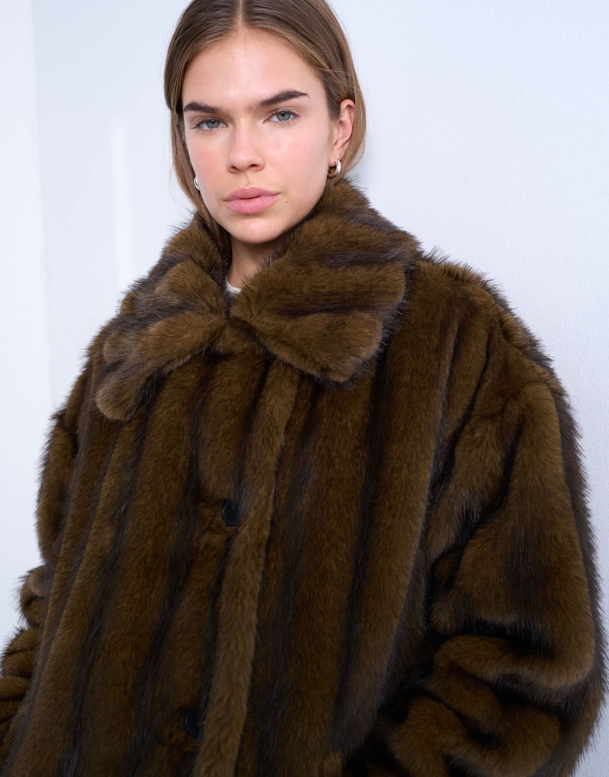 Topshop faux fur short car coat in natural stripe