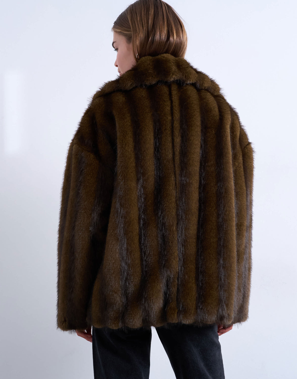 Topshop faux fur short car coat in natural stripe