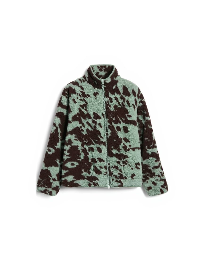 Topshop brown and teal cow print borg fleece jacket with contrast teal binding in multi
