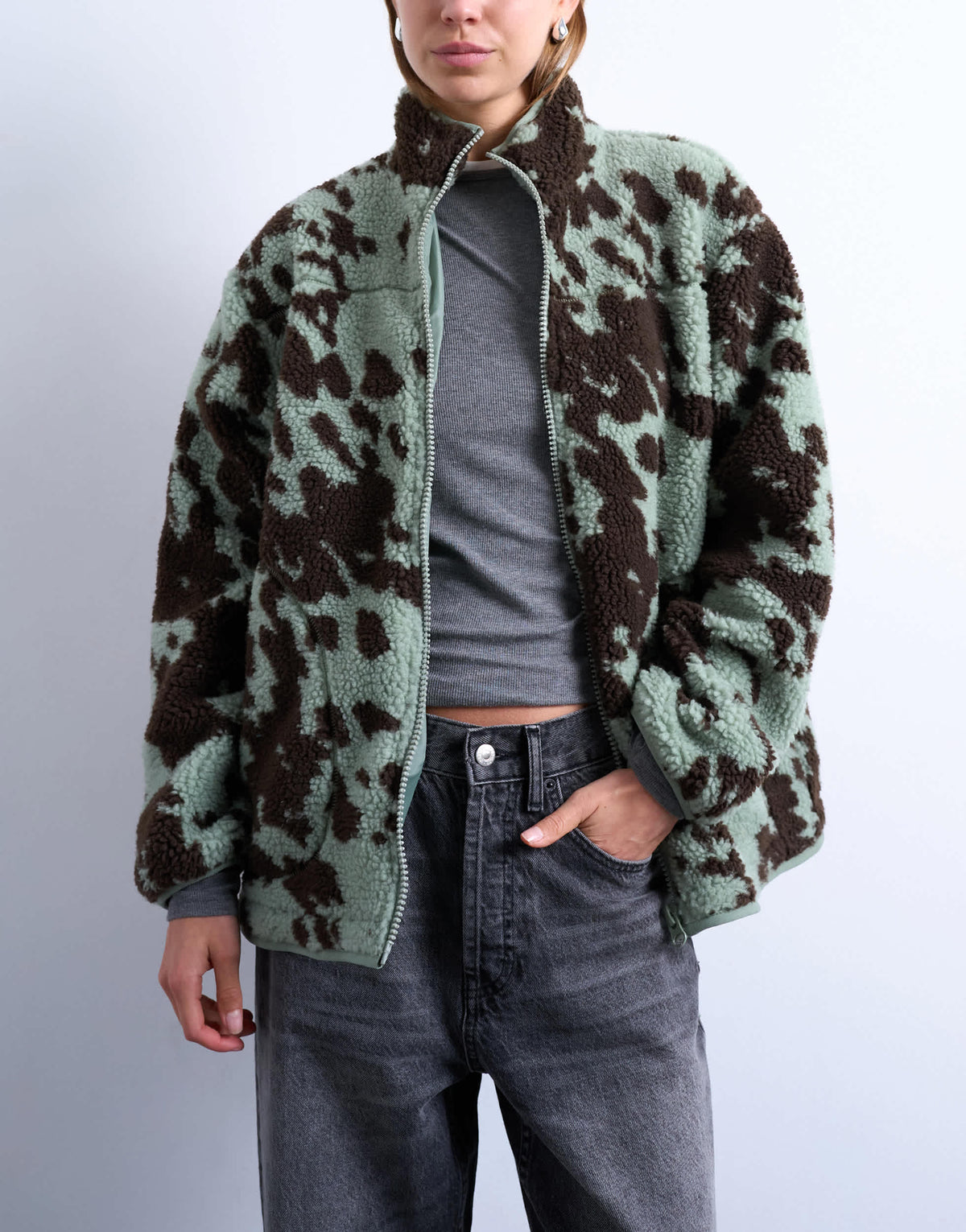 Topshop brown and teal cow print borg fleece jacket with contrast teal binding in multi
