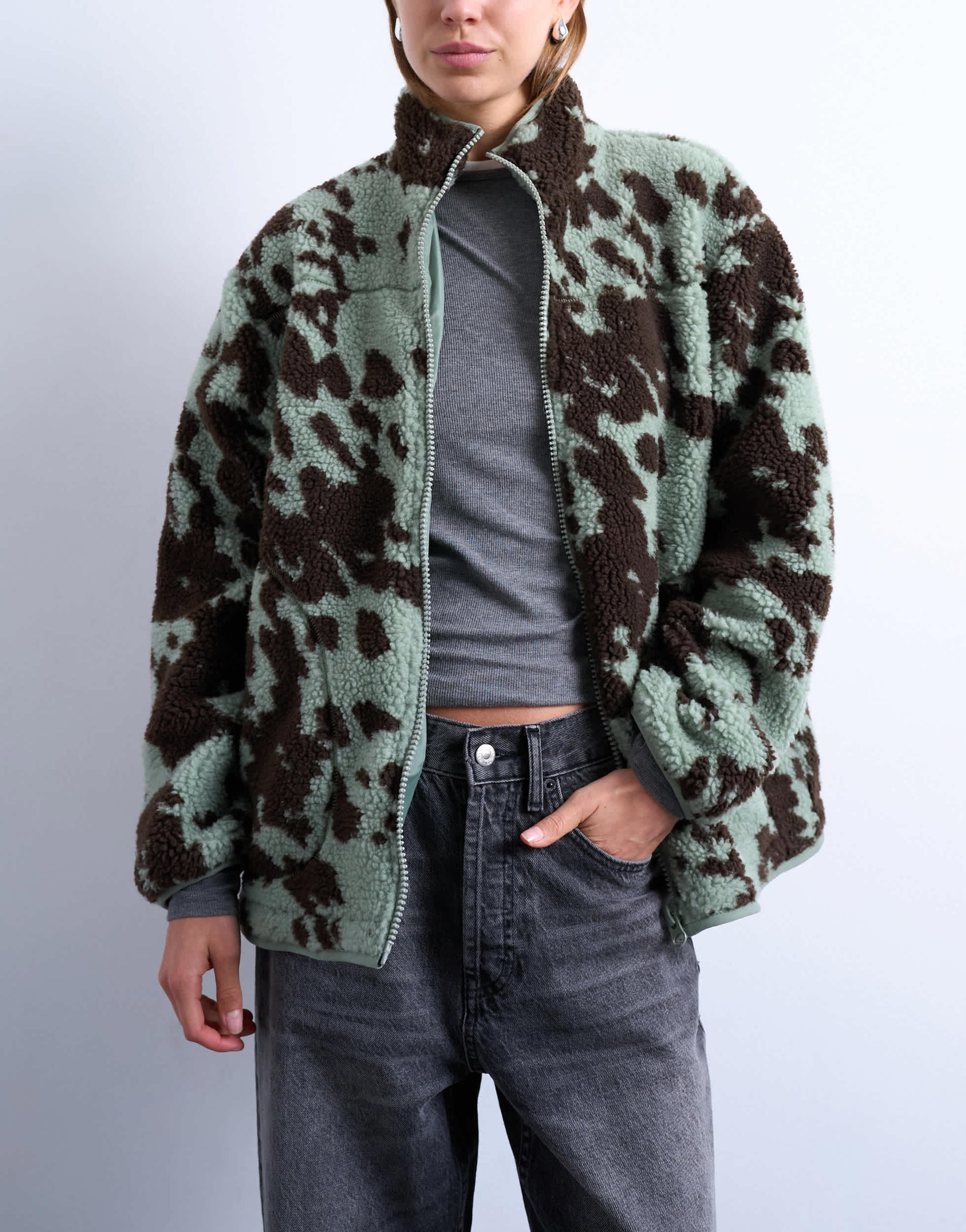 Topshop brown and teal cow print borg fleece jacket with contrast teal binding in multi