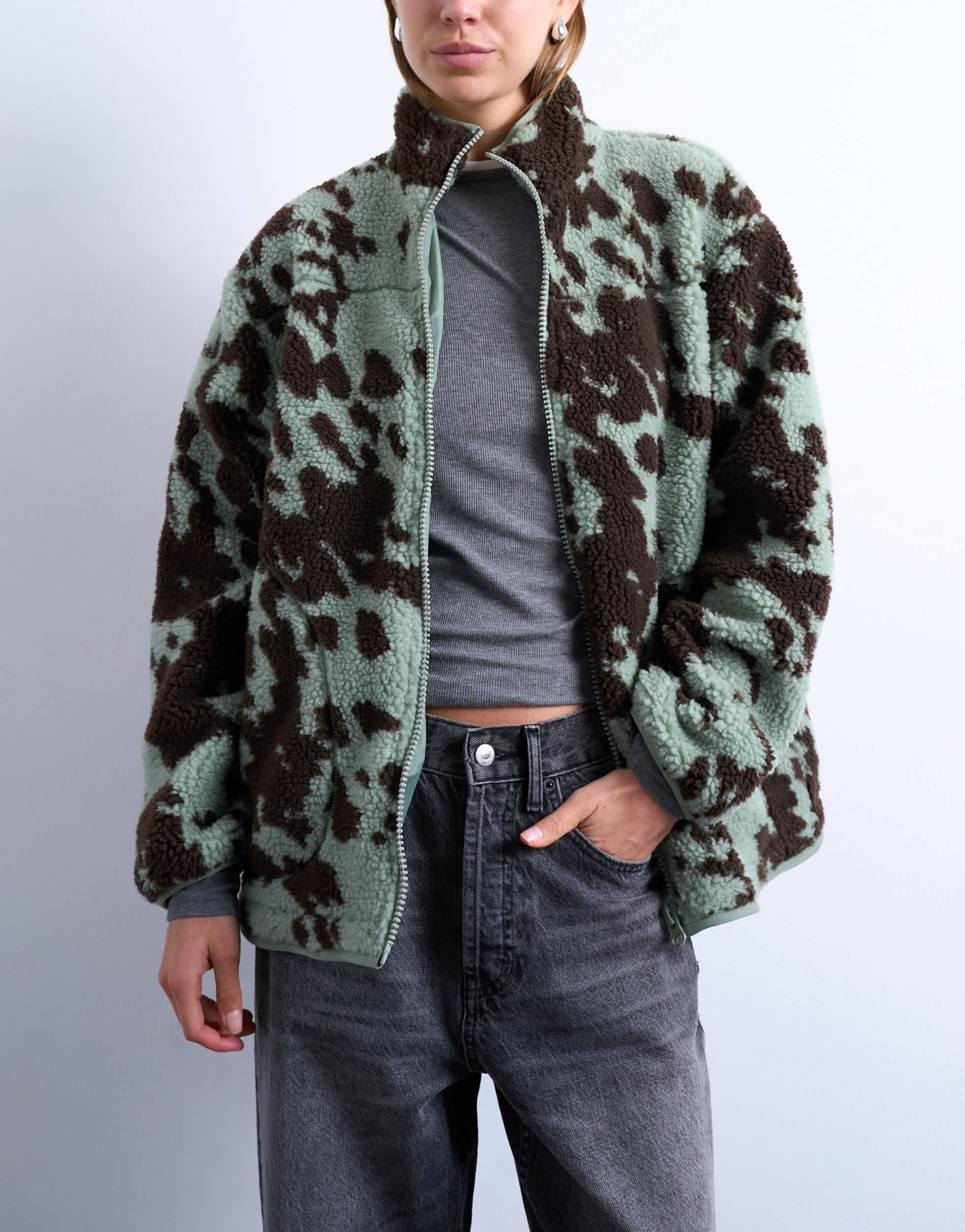 Topshop brown and teal cow print borg fleece jacket with contrast teal binding in multi