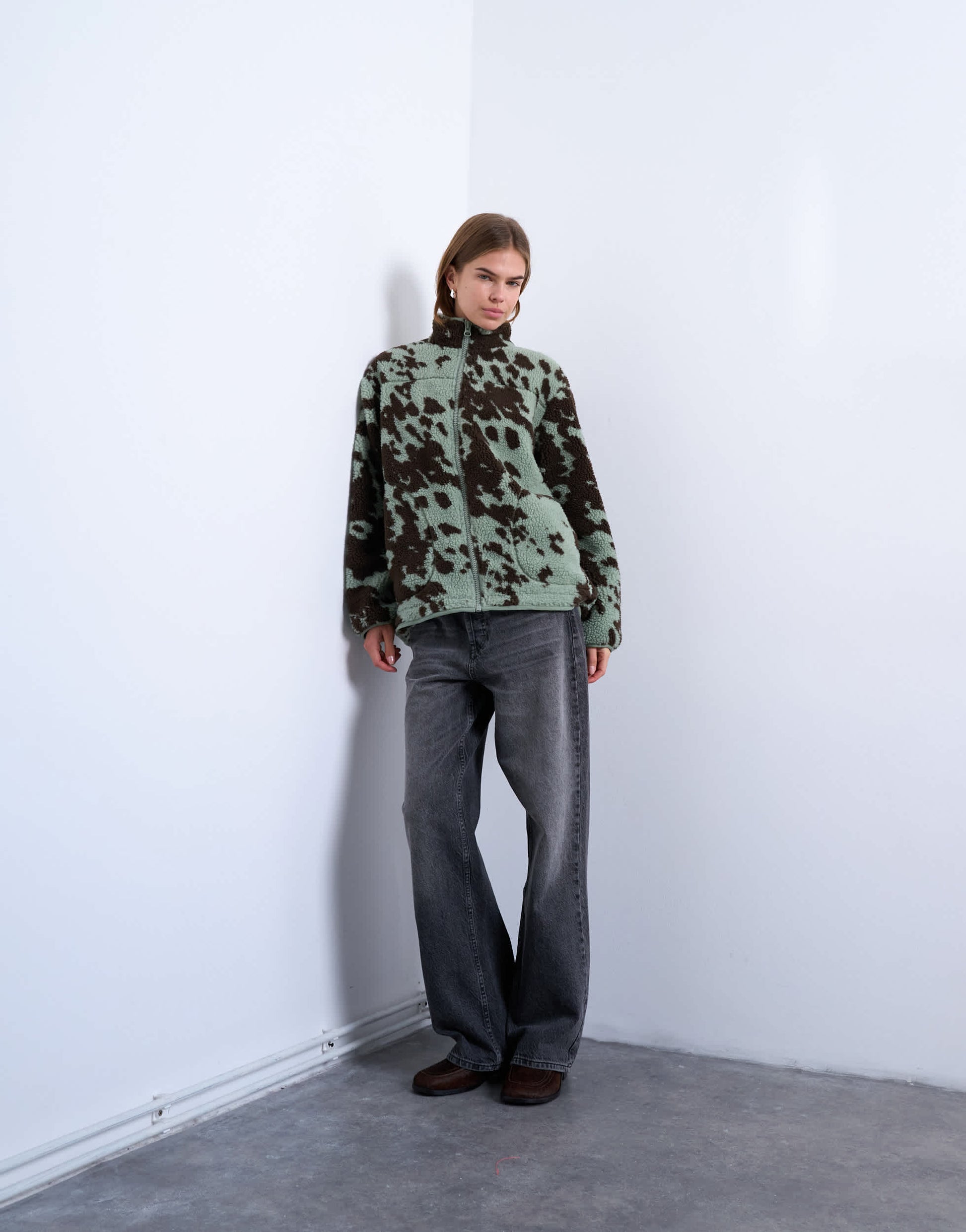 Topshop brown and teal cow print borg fleece jacket with contrast teal binding in multi