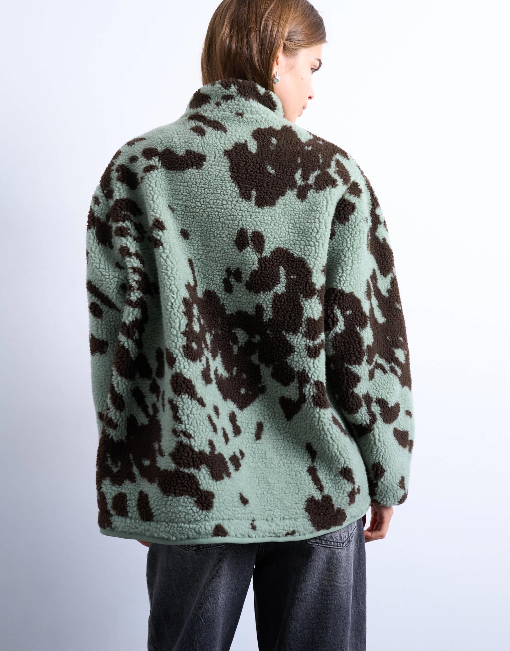 Topshop brown and teal cow print borg fleece jacket with contrast teal binding in multi