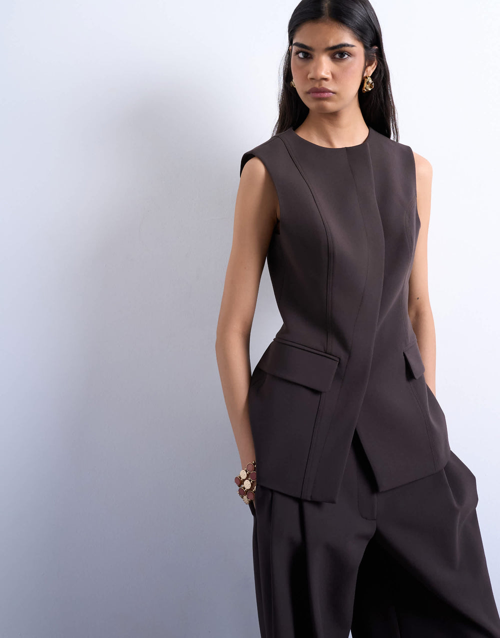 Topshop asymmetrische Weste in Schokoladenbraun