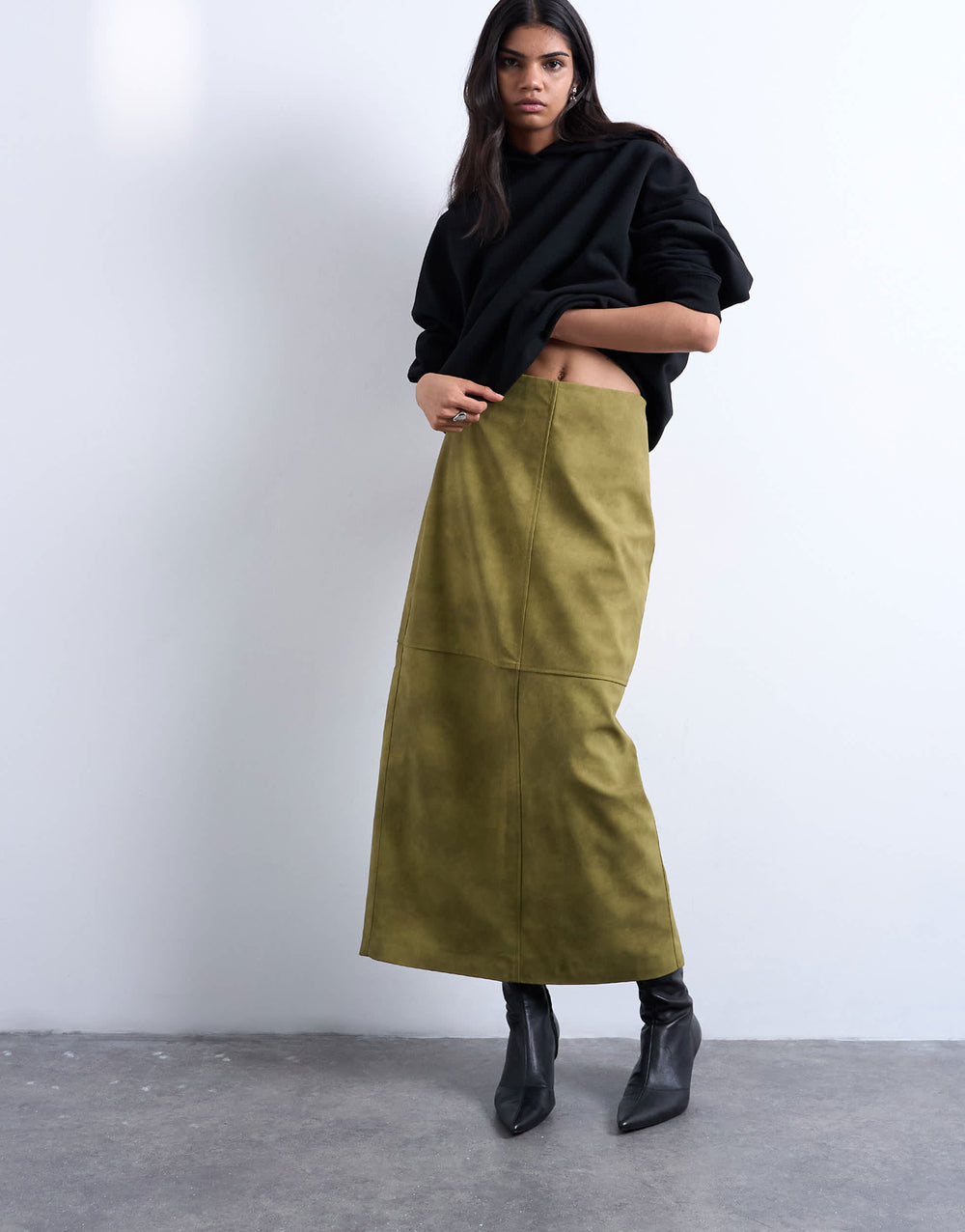 Topshop faux suede seamed midi skirt in avocado