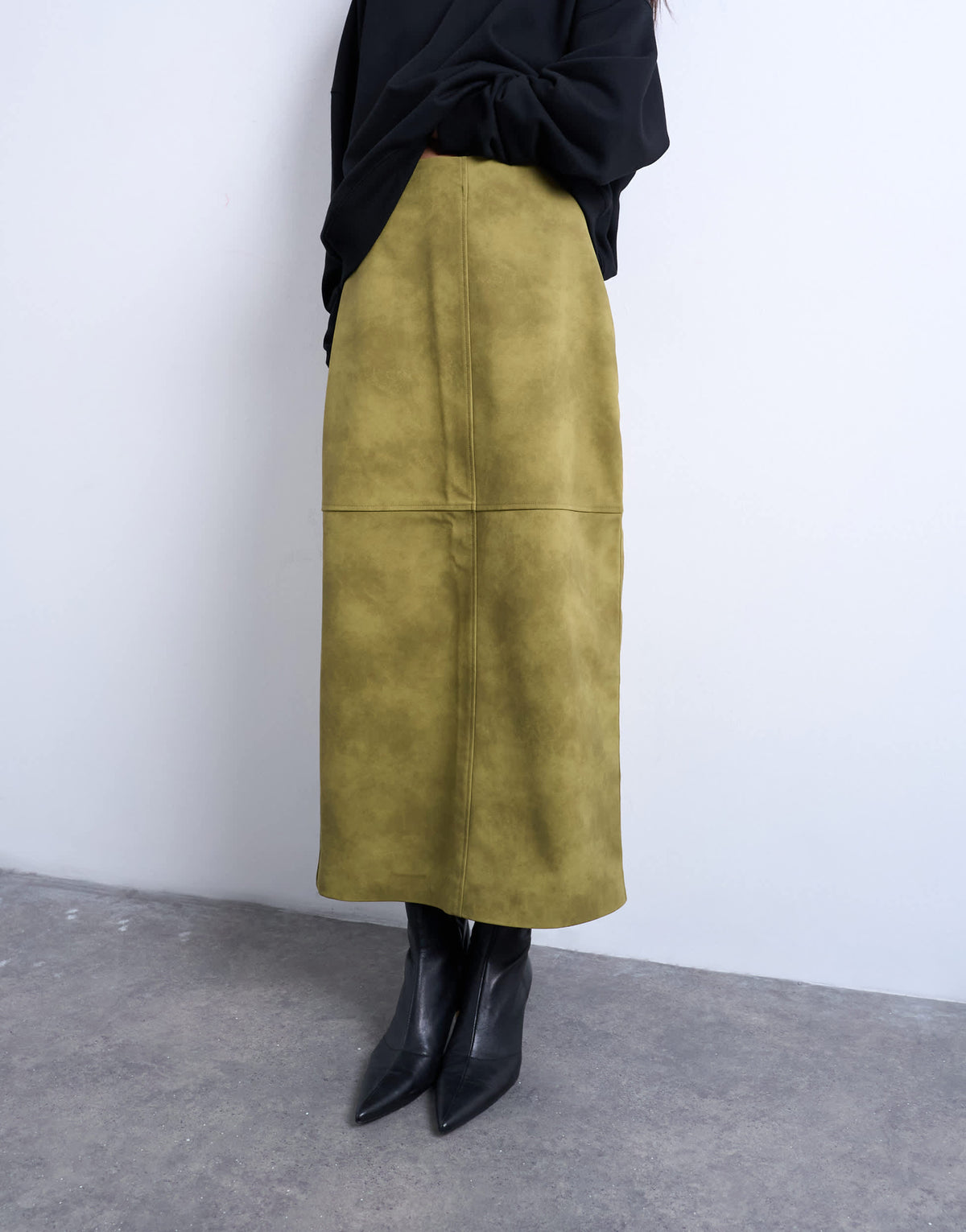 Topshop faux suede seamed midi skirt in avocado
