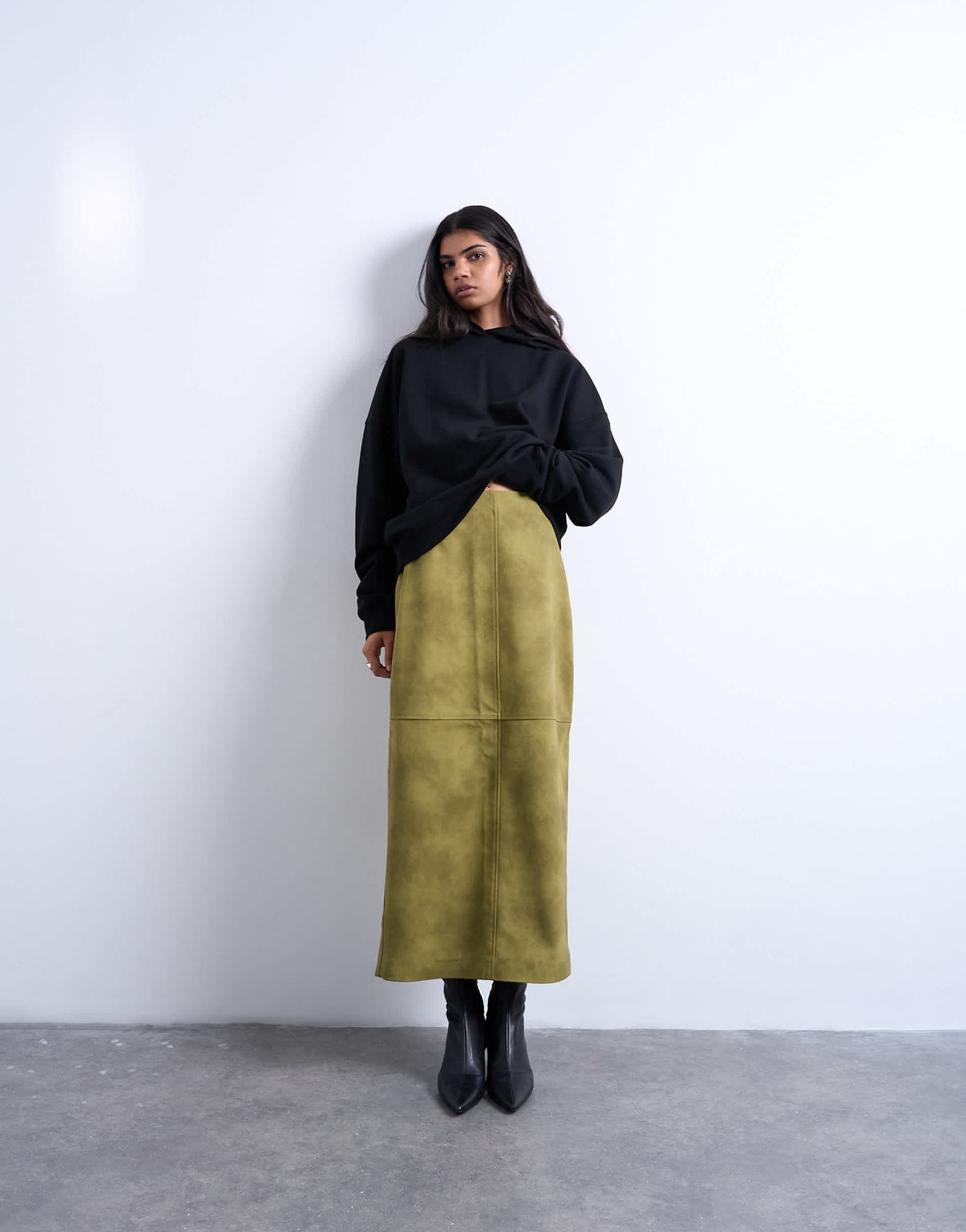 Topshop faux suede seamed midi skirt in avocado