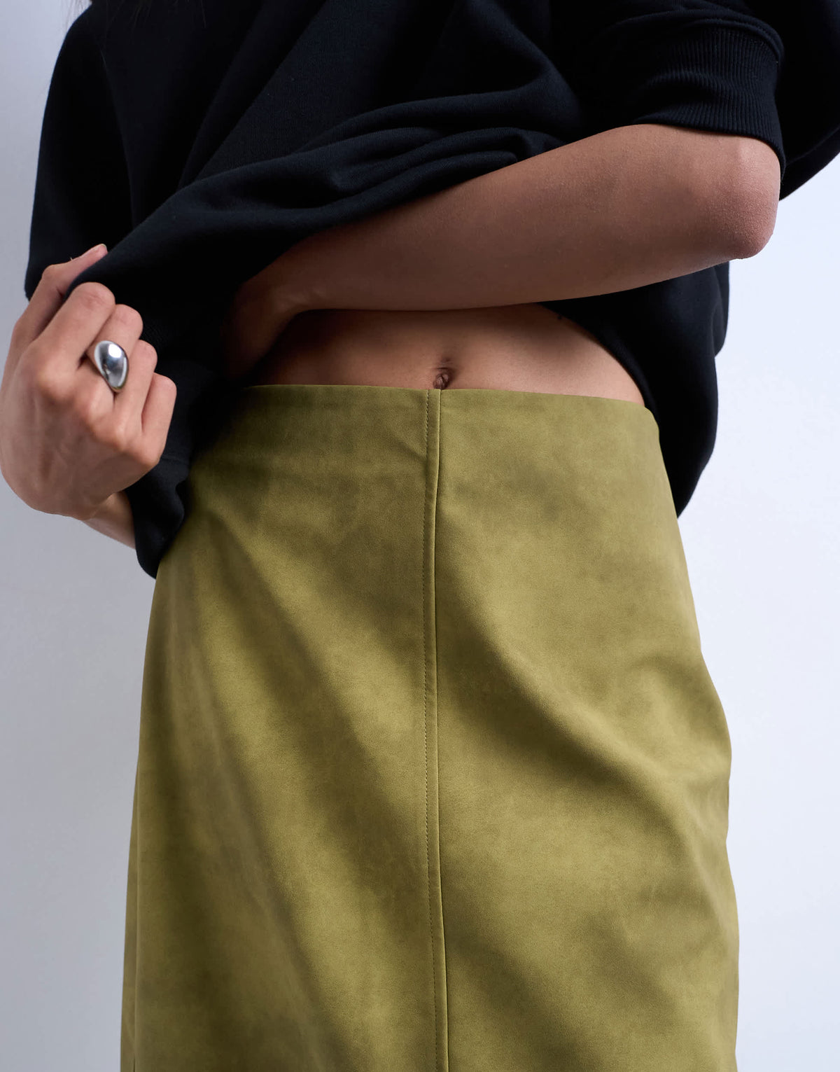 Topshop faux suede seamed midi skirt in avocado