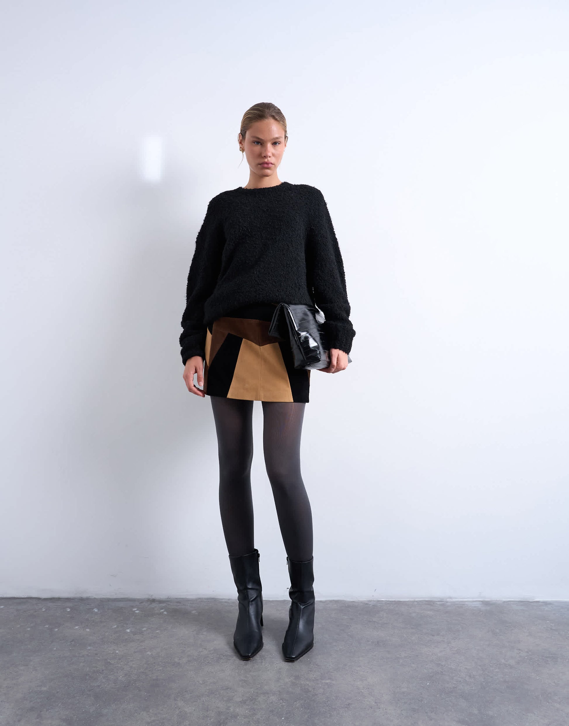 Topshop faux suede patchwork mini skirt in brown