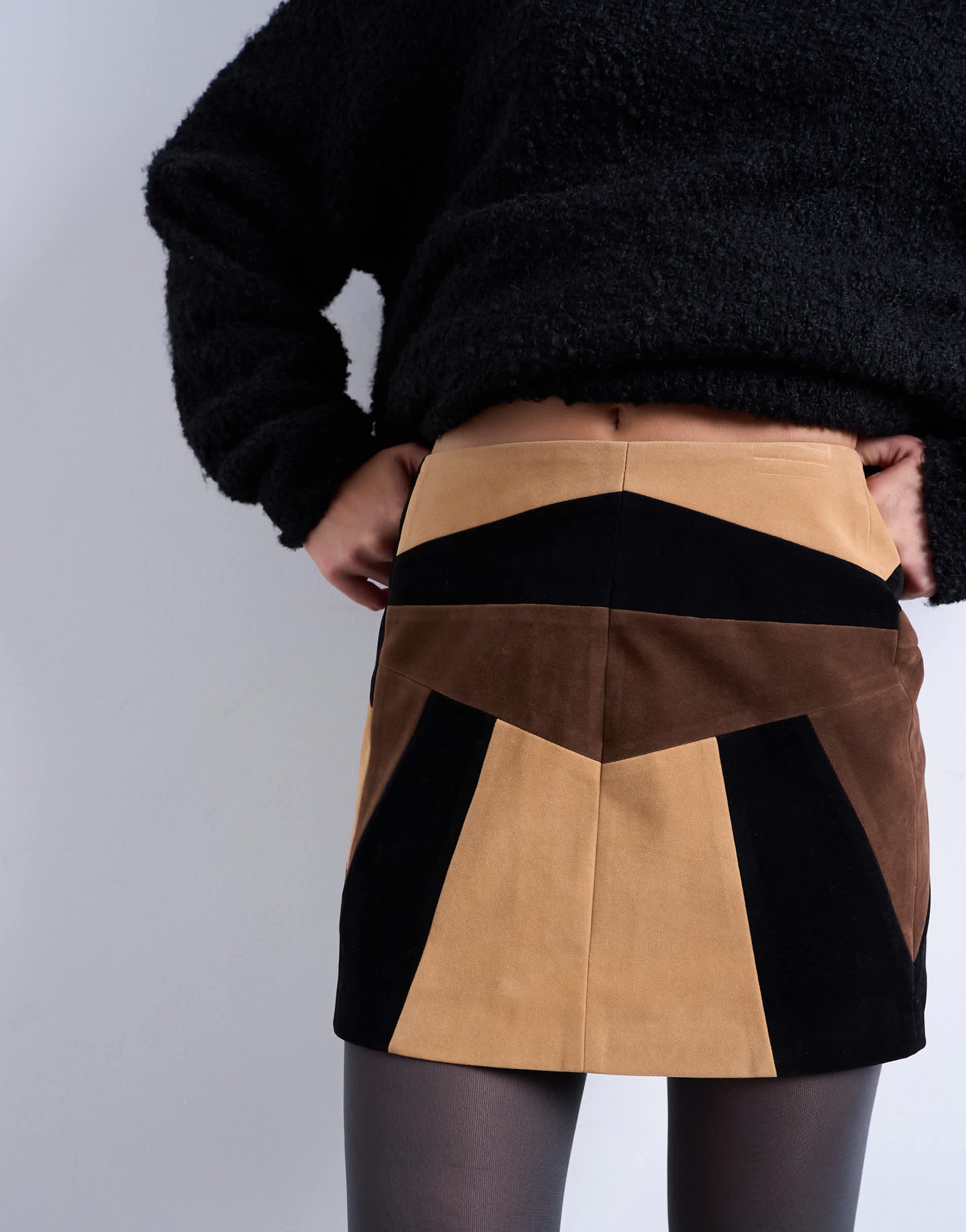 Topshop faux suede patchwork mini skirt in brown