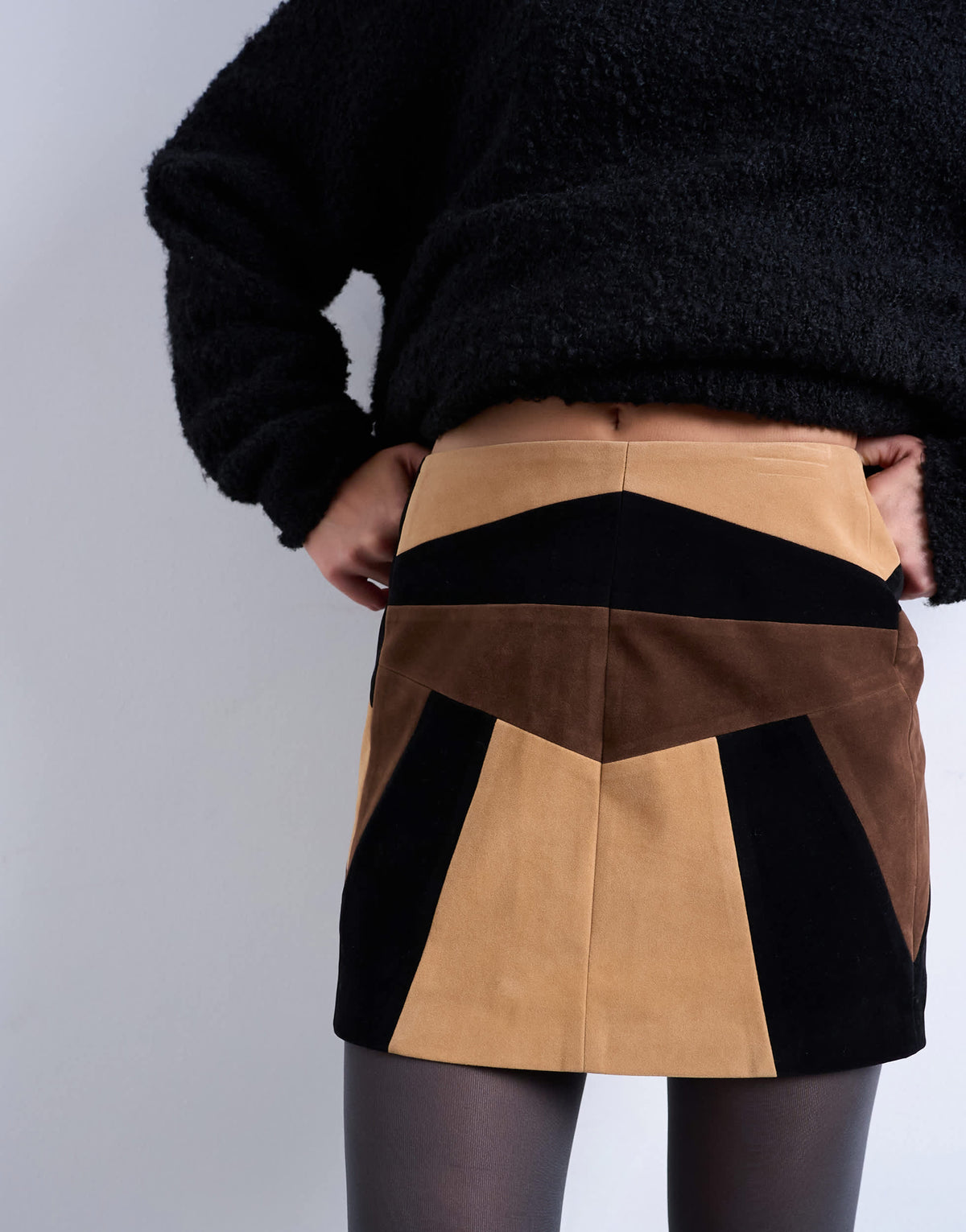 Topshop faux suede patchwork mini skirt in brown