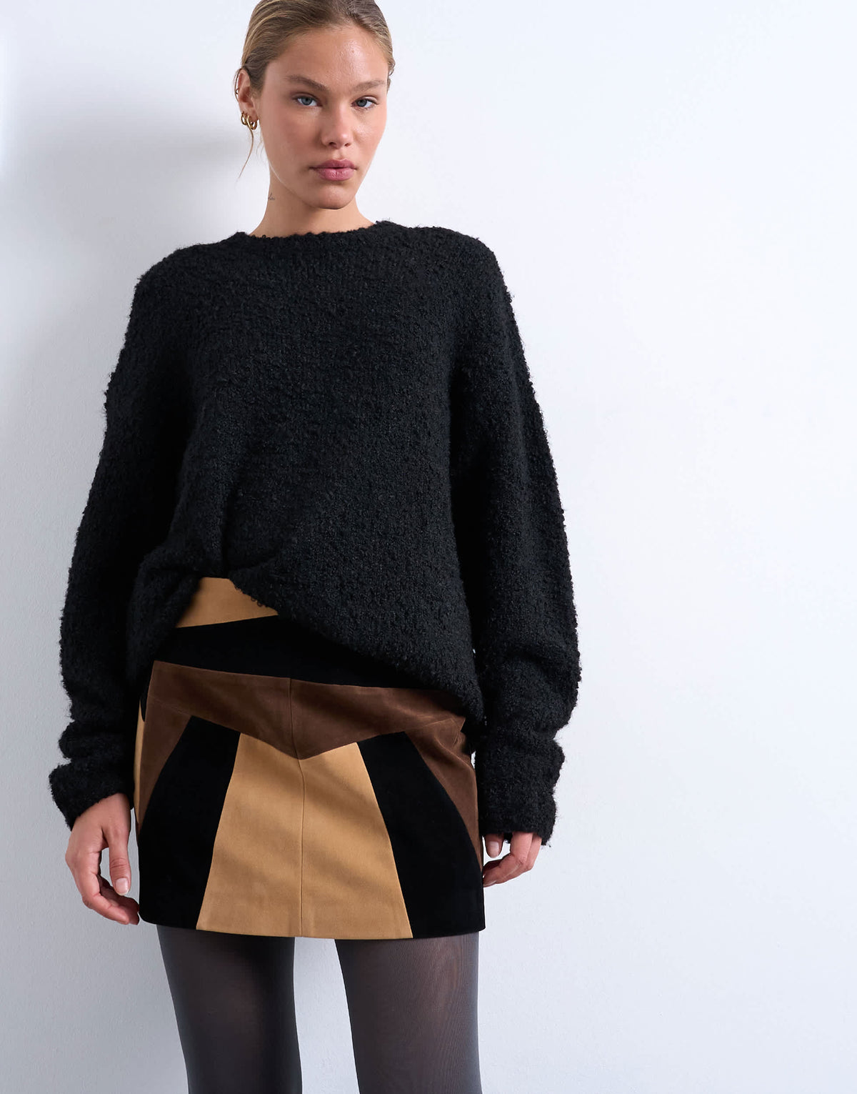 Topshop faux suede patchwork mini skirt in brown