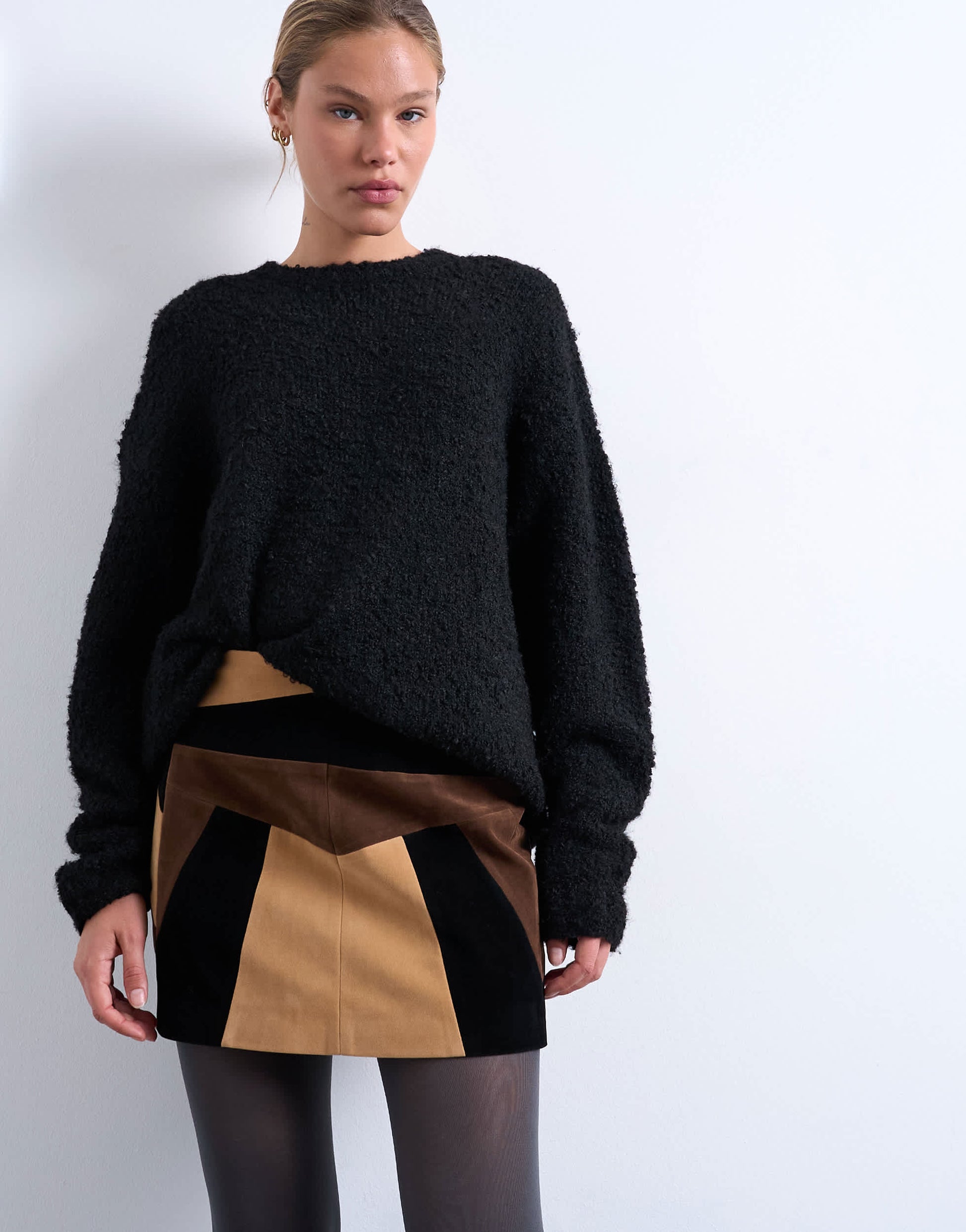 Topshop faux suede patchwork mini skirt in brown