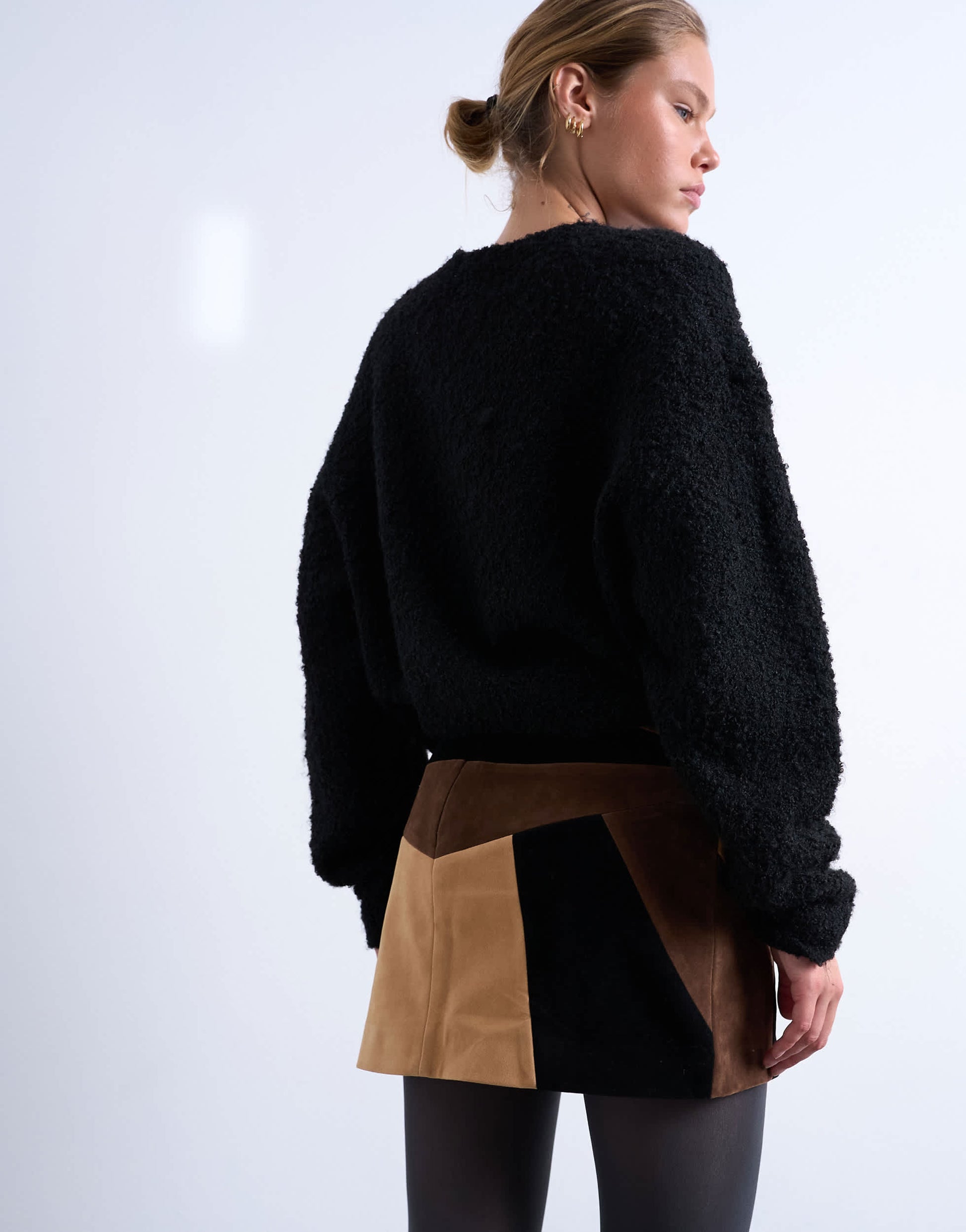 Topshop faux suede patchwork mini skirt in brown