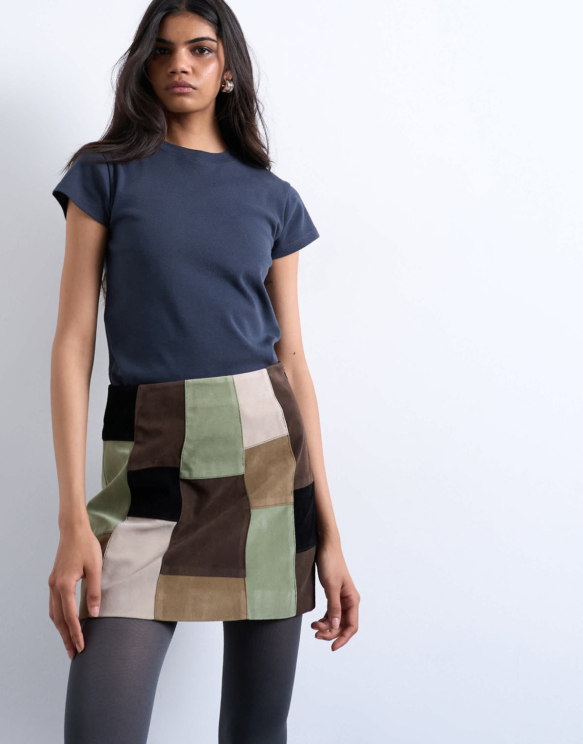 Topshop faux suede patchwork mini skirt in multi
