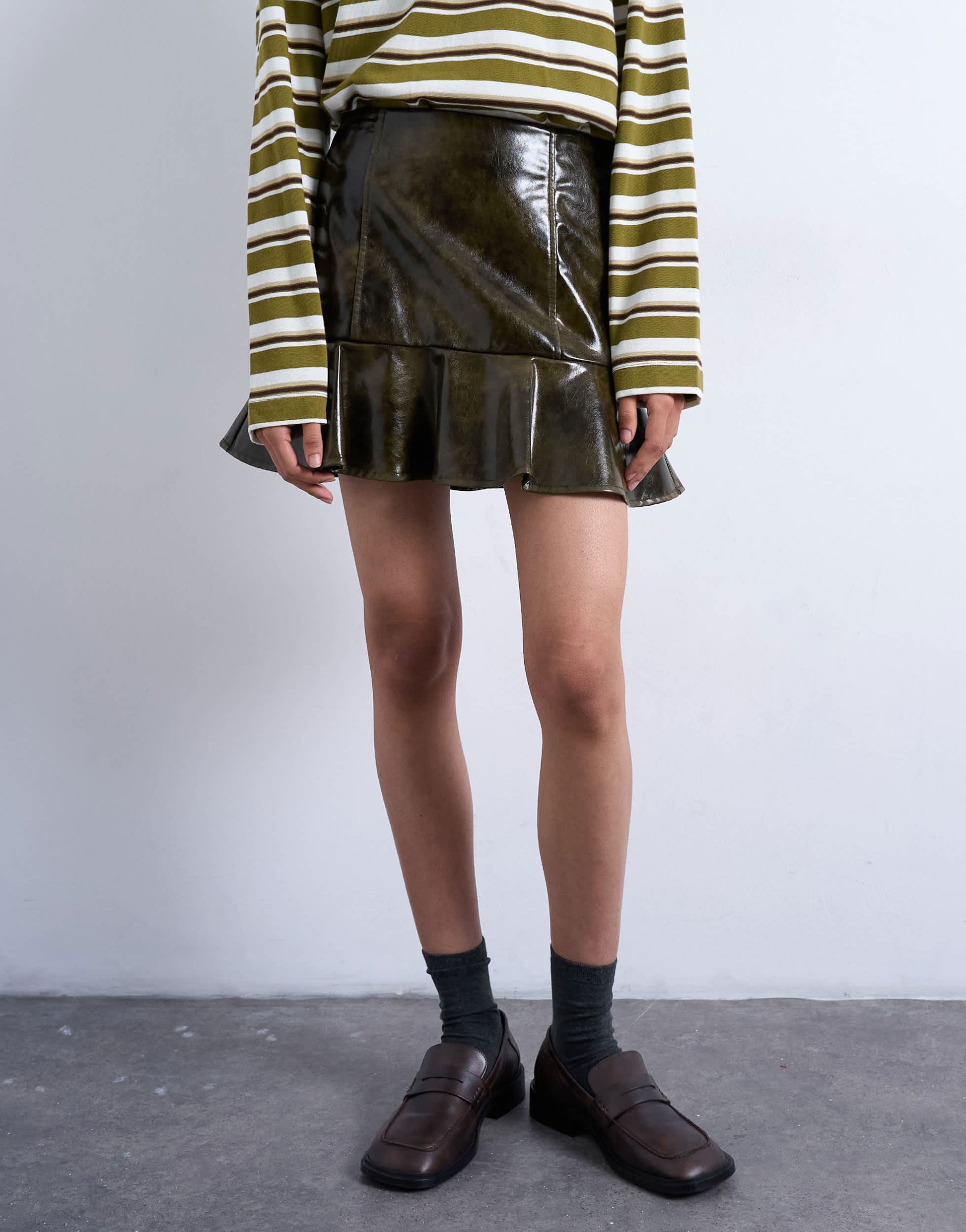 Topshop vinyl peplum hem mini skirt in green