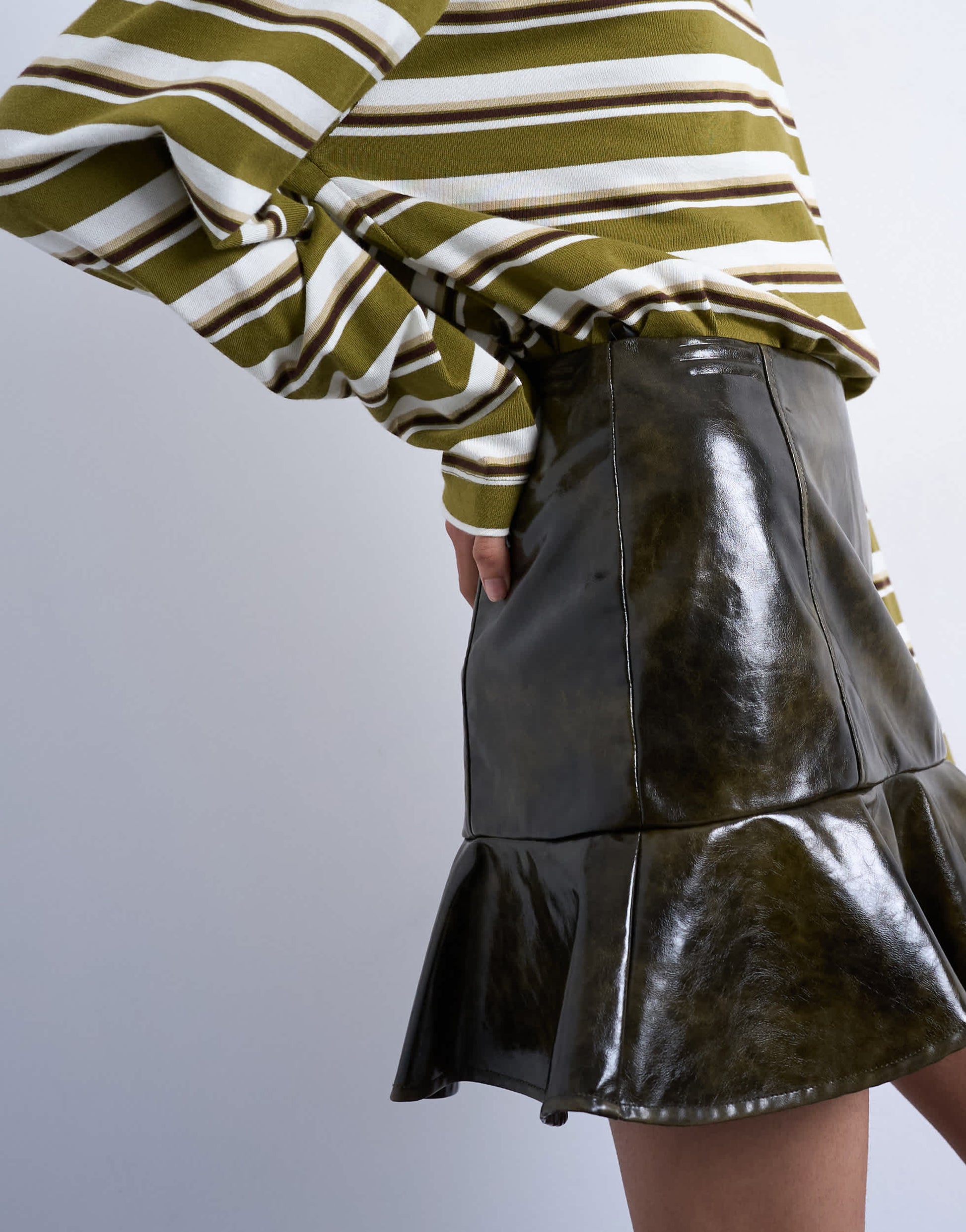 Topshop vinyl peplum hem mini skirt in green