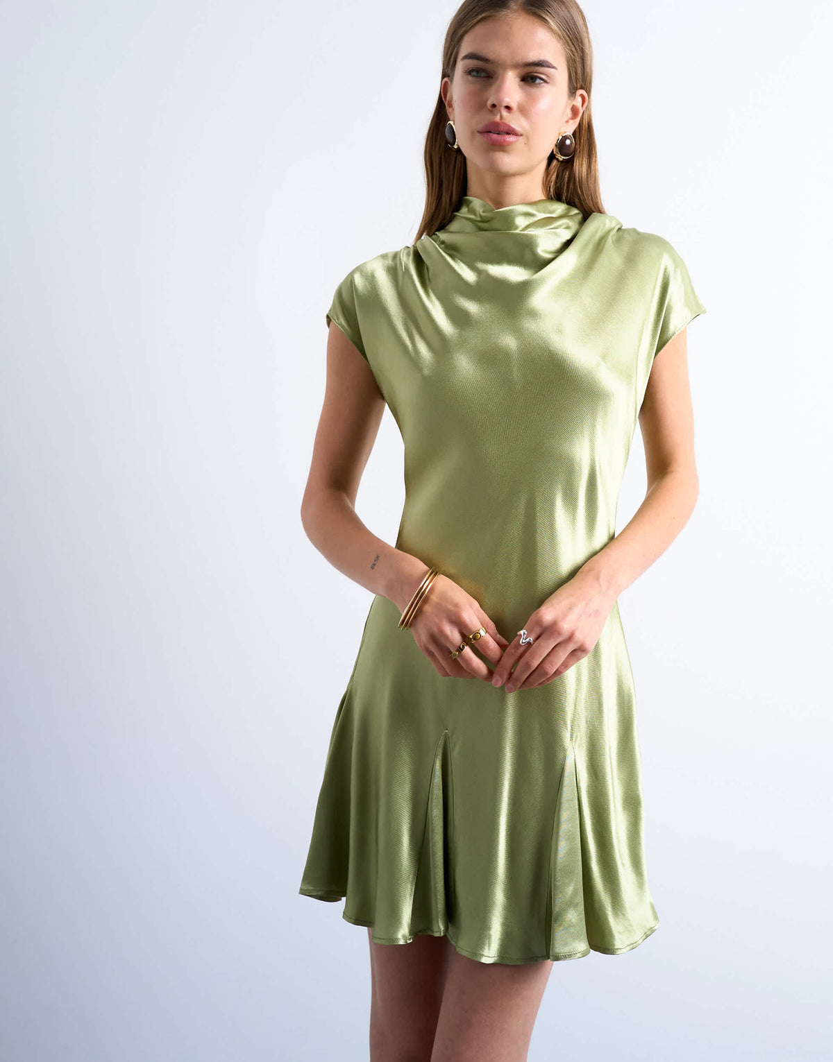 Topshop grown on sleeve satin dress in olive