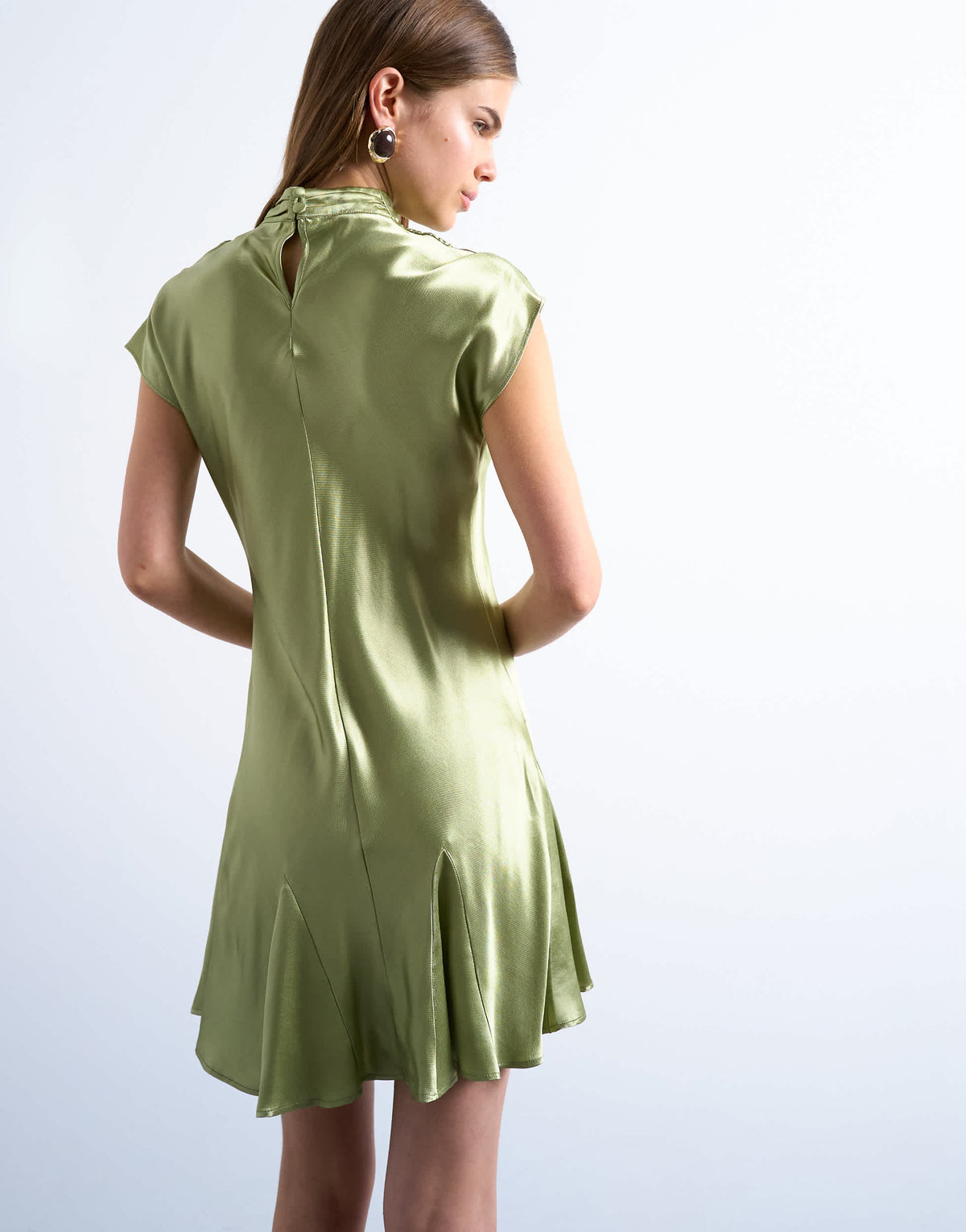 Topshop grown on sleeve satin dress in olive
