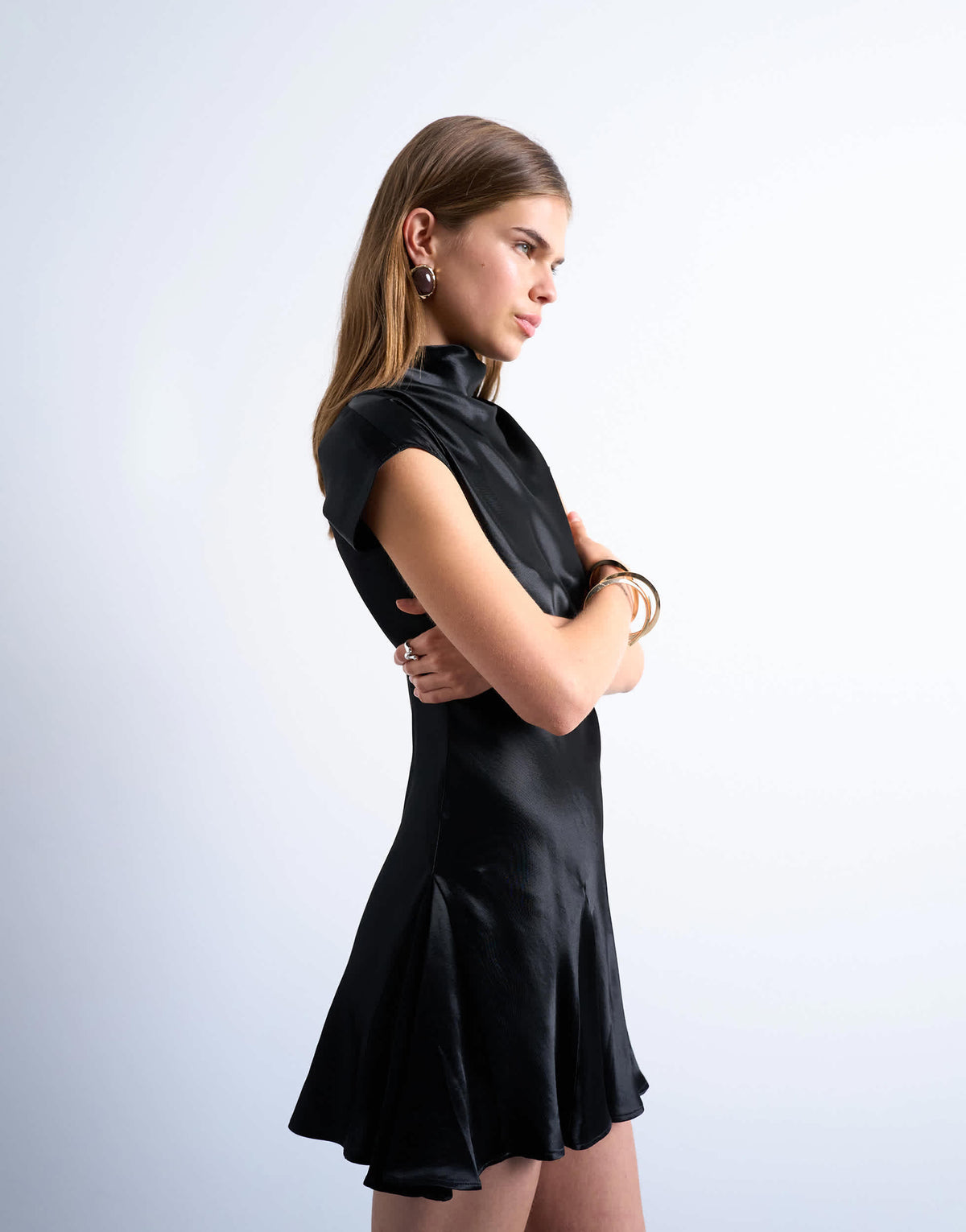 Topshop grown on sleeve satin dress in black