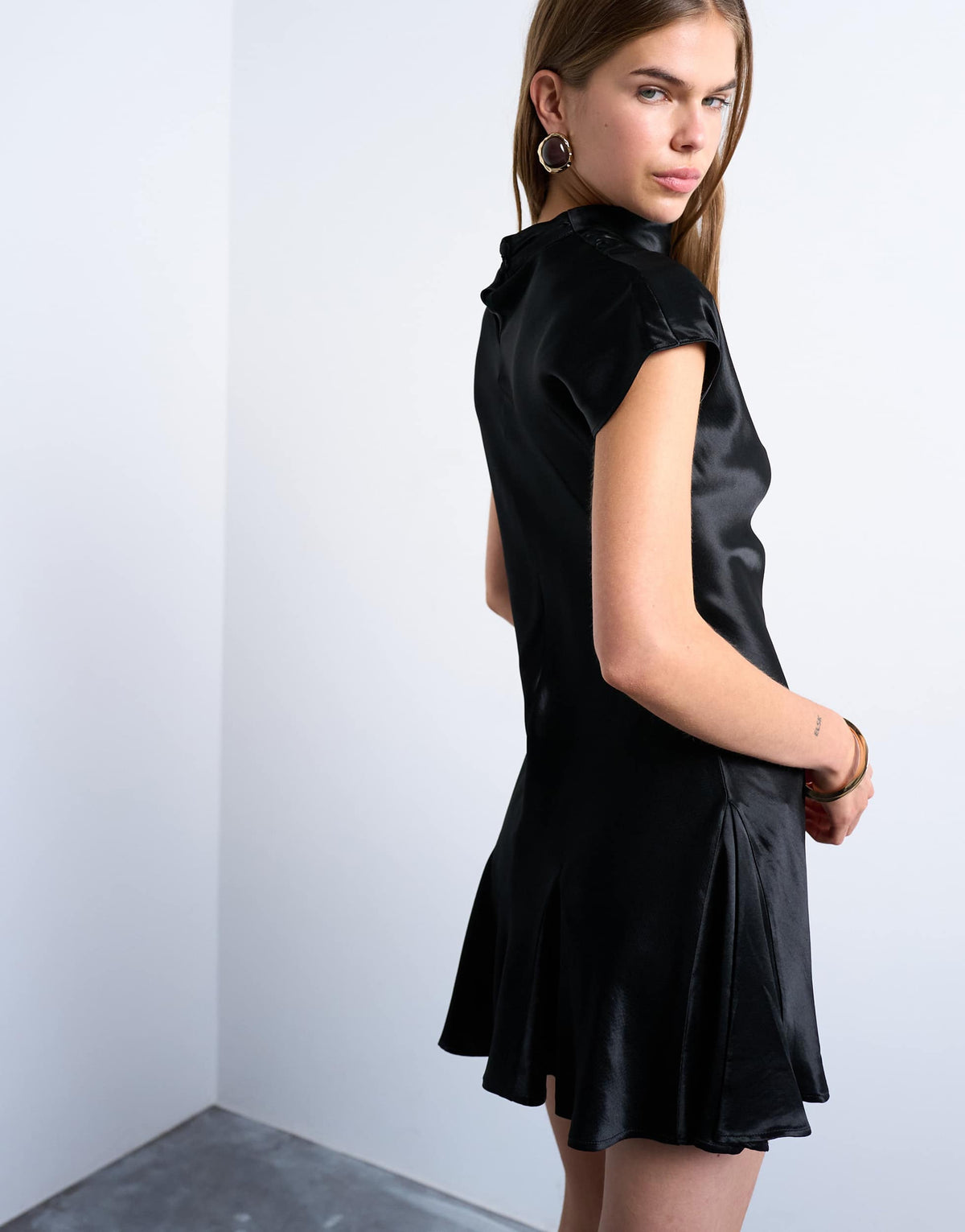 Topshop grown on sleeve satin dress in black