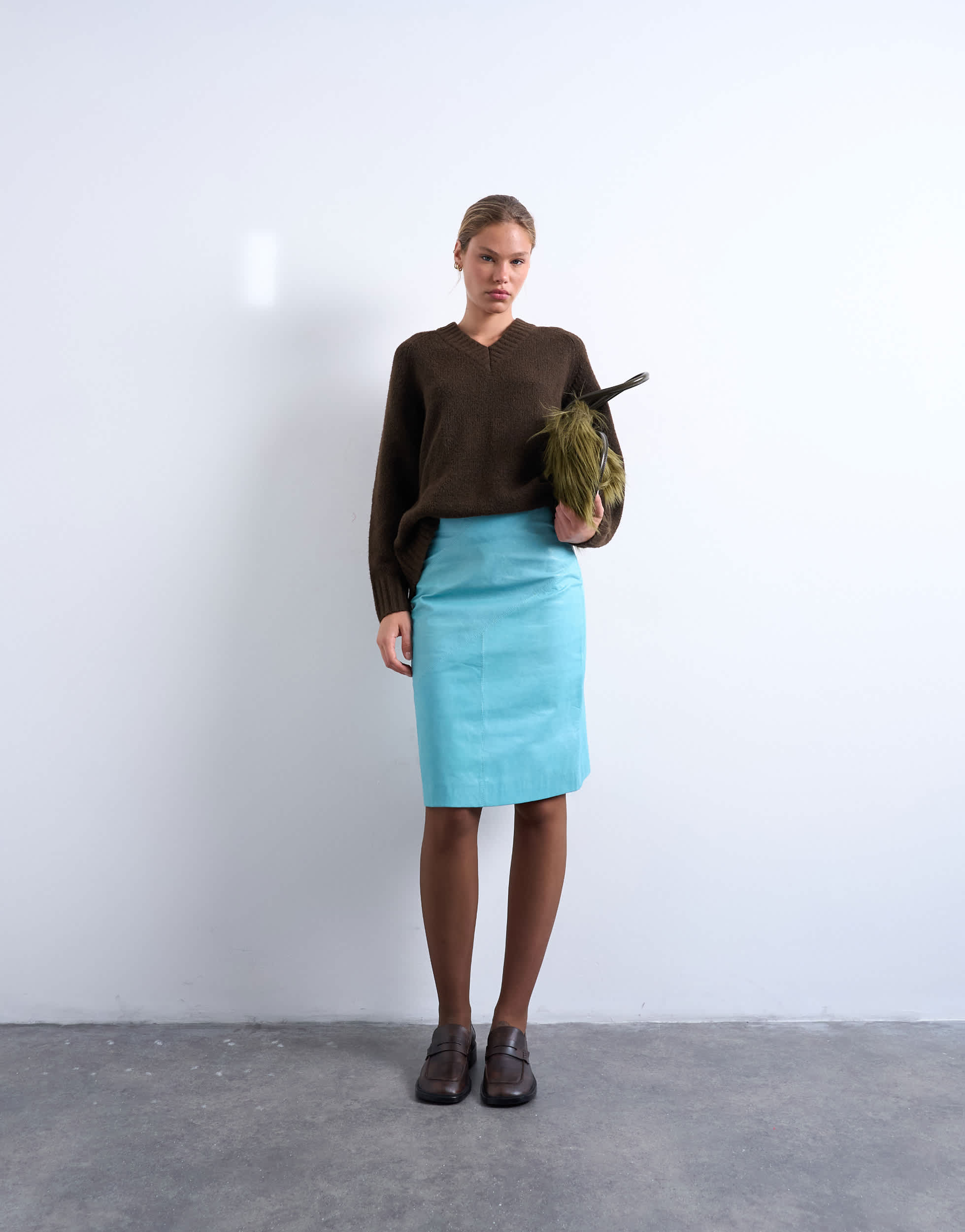 Topshop real leather midi skirt in turquoise