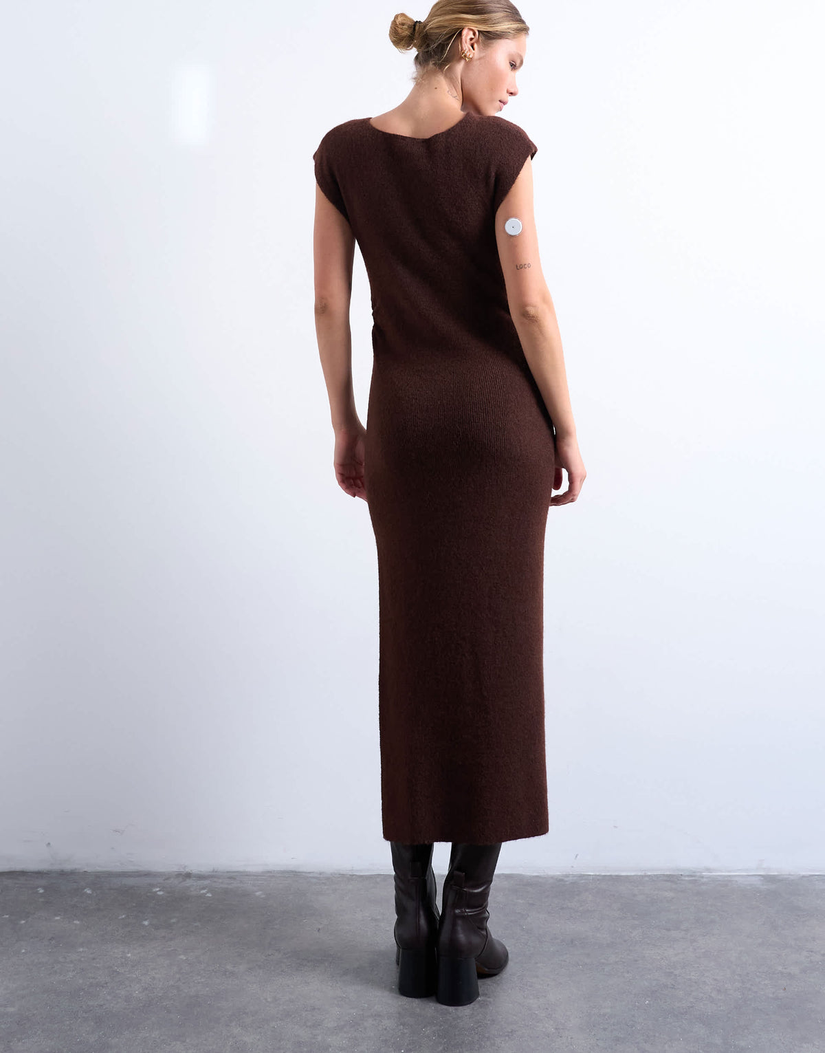 Topshop knitted ruffle button asymetric dress in chocolate