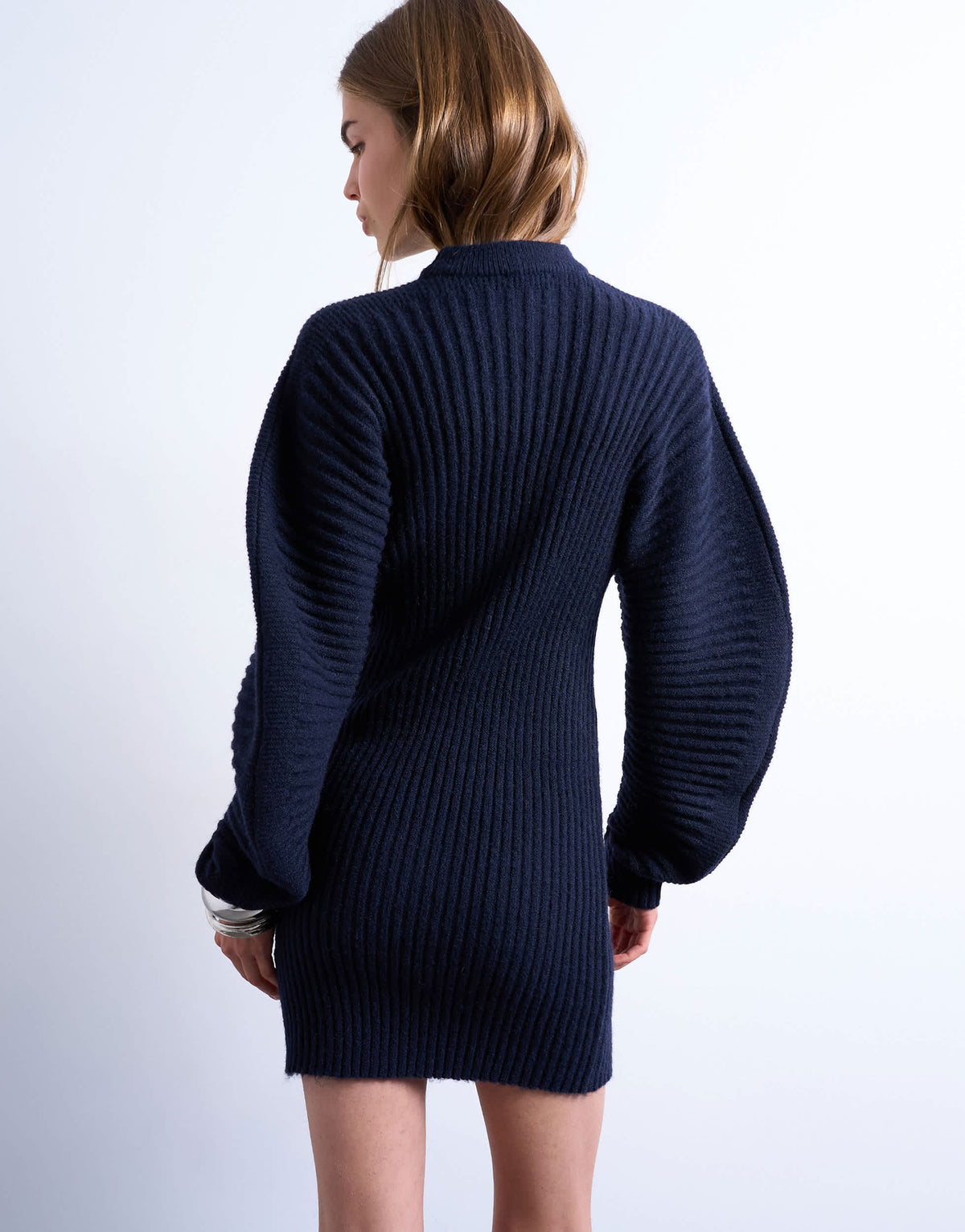 Topshop knitted cocoon ribbed dress in navy